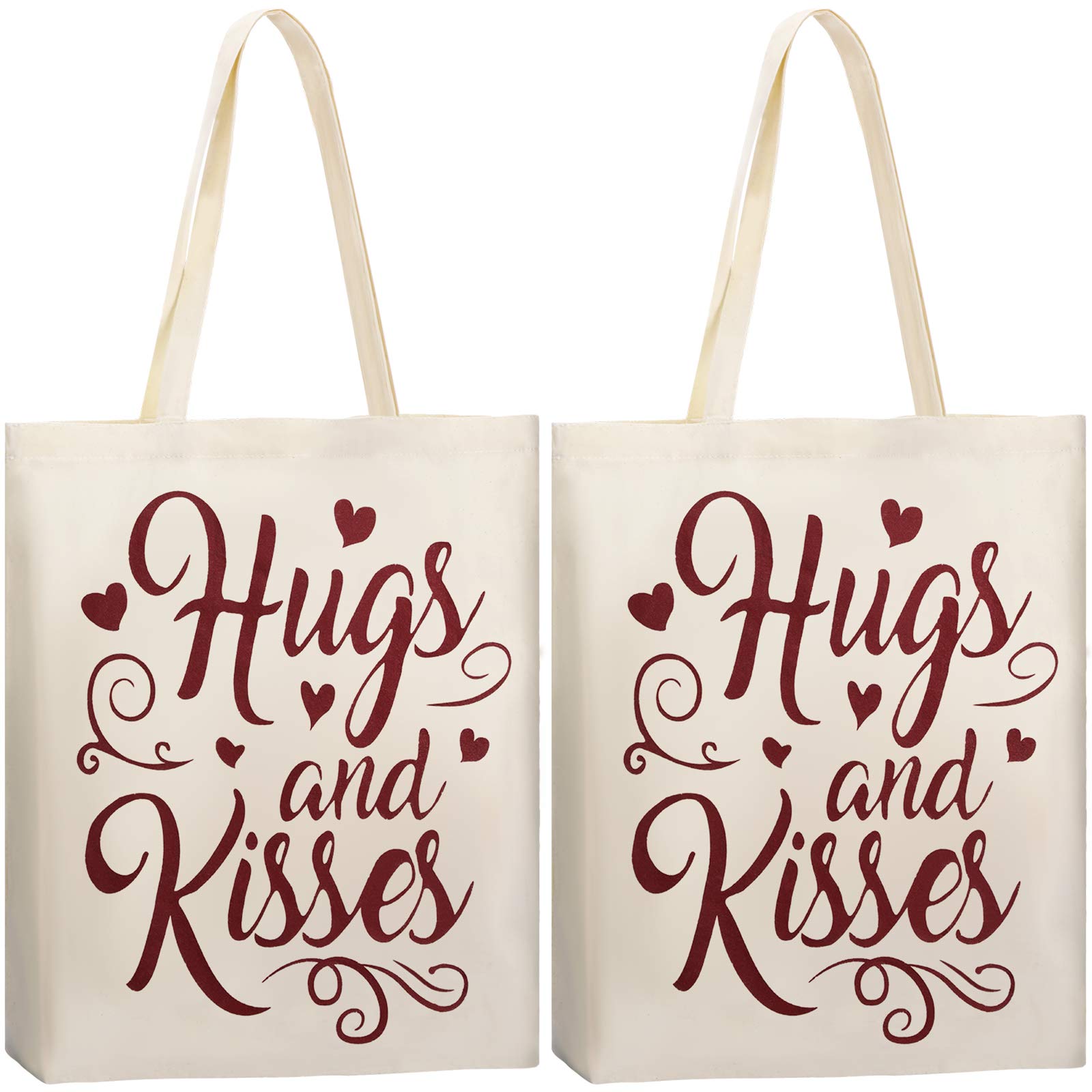 Weewooday 2 Pieces Valentine's Day Tote Bags Heart Reusable Canvas Tote with Handles Cotton Hugs and Kisses Shopping Bags for Wedding Valentine's Day Party Grocery Shopping Market