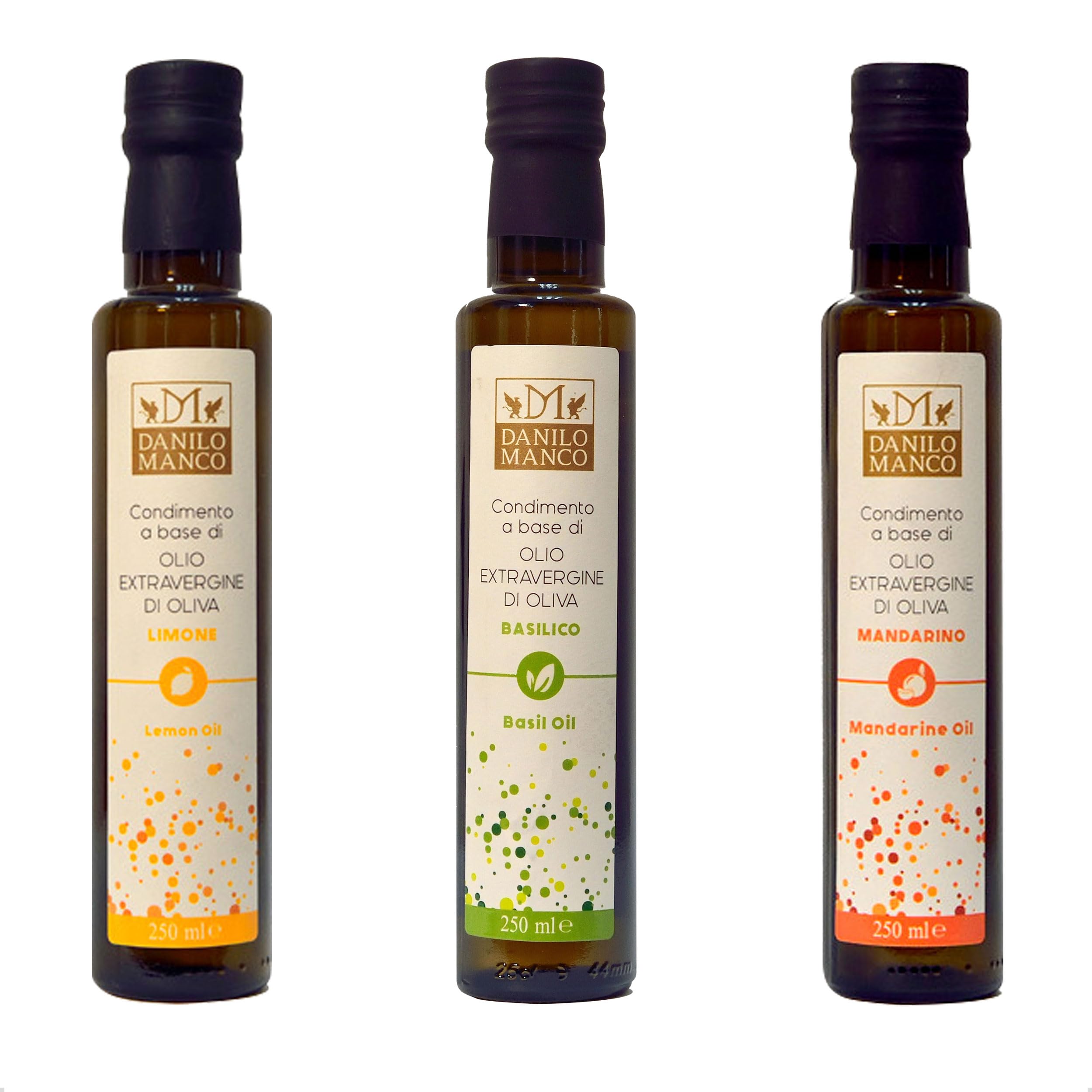 Lemon, Basil and Mandarin Extra Virgin Olive Oil Gift Set, Award winning Infused Olive Oil from Danilo Manco, Cold Pressed, Produced in Italy, 3 x 250ml bottles