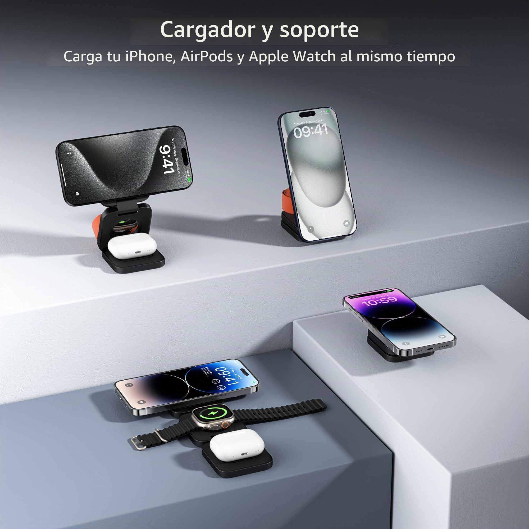 Cargador inalámbrico magnético de aleación de Aluminio Plegable para Apple, estación de Carga inalámbrica rápida de Tres en uno para iPhone,Asiento de Carga de Viaje 5W para Apple Watch Ultra AirPods