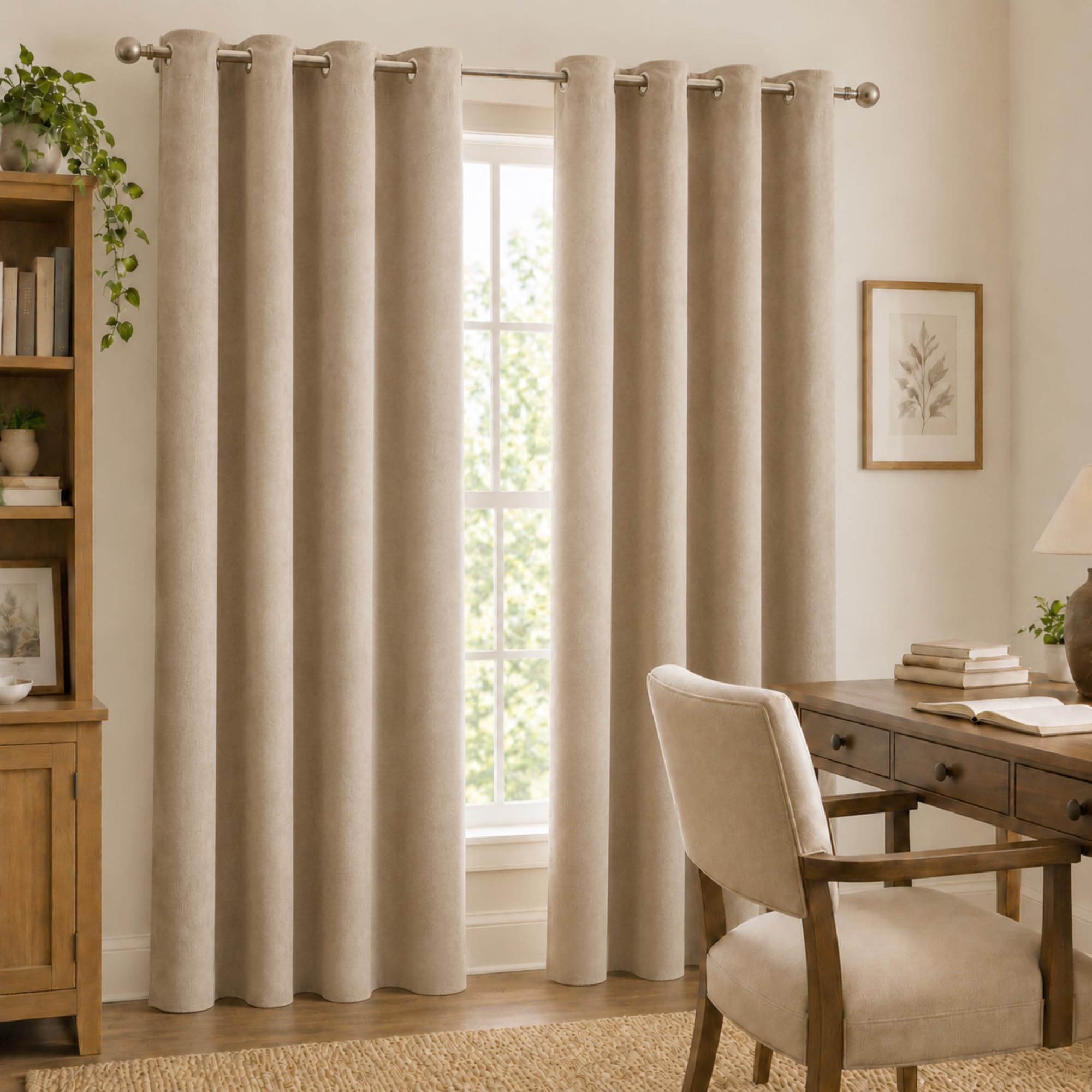 VKZ Tende Oscuranti Effetto Velluto con Occhielli, Set da 2 Pannelli 140 x 290 cm, Tende Termiche Isolanti per Interni Camera da Letto Soggiorno,Beige