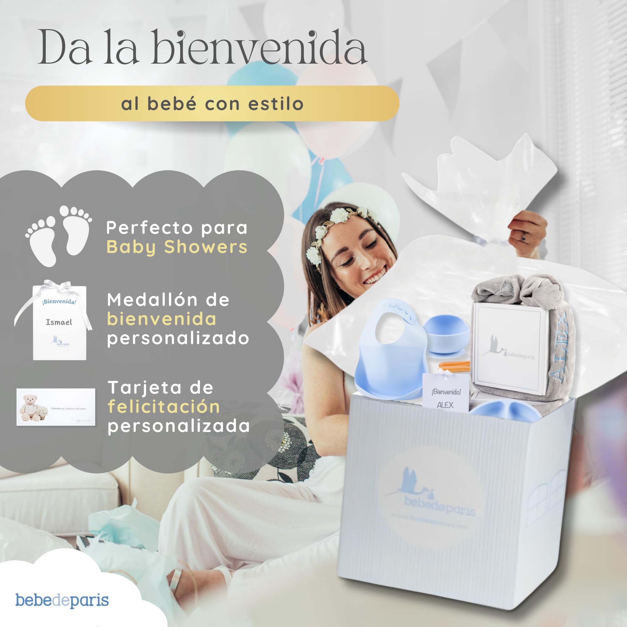 Bestickte Decke mit Namen und Geschirr aus Silikon, umweltfreundliches Geschenk für Babys, Geschenkset für Jungen und Mädchen (Geschirr + Decke, Blau) | BebeDeParis