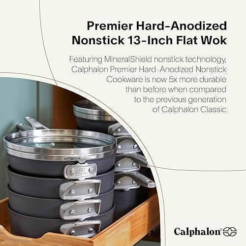 Miniatura 2 de Calphalon Premier - Sartén para wok plano antiadherente anodizado duro con tecnología MineralShield, 13 pulgadas, color negro
