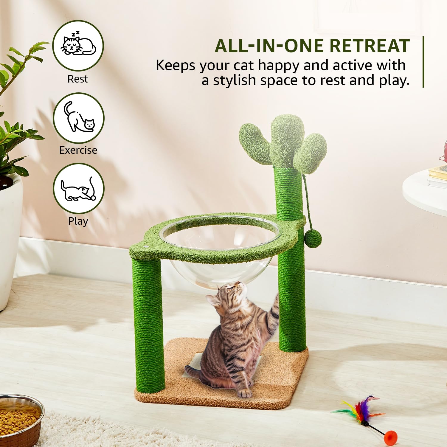 Amazon Basics Premium Imported Cactus Theme Cat Tree | 35-Inch | Large | Transparent Space Capsule | Scratching Posts for Adult Cats 2