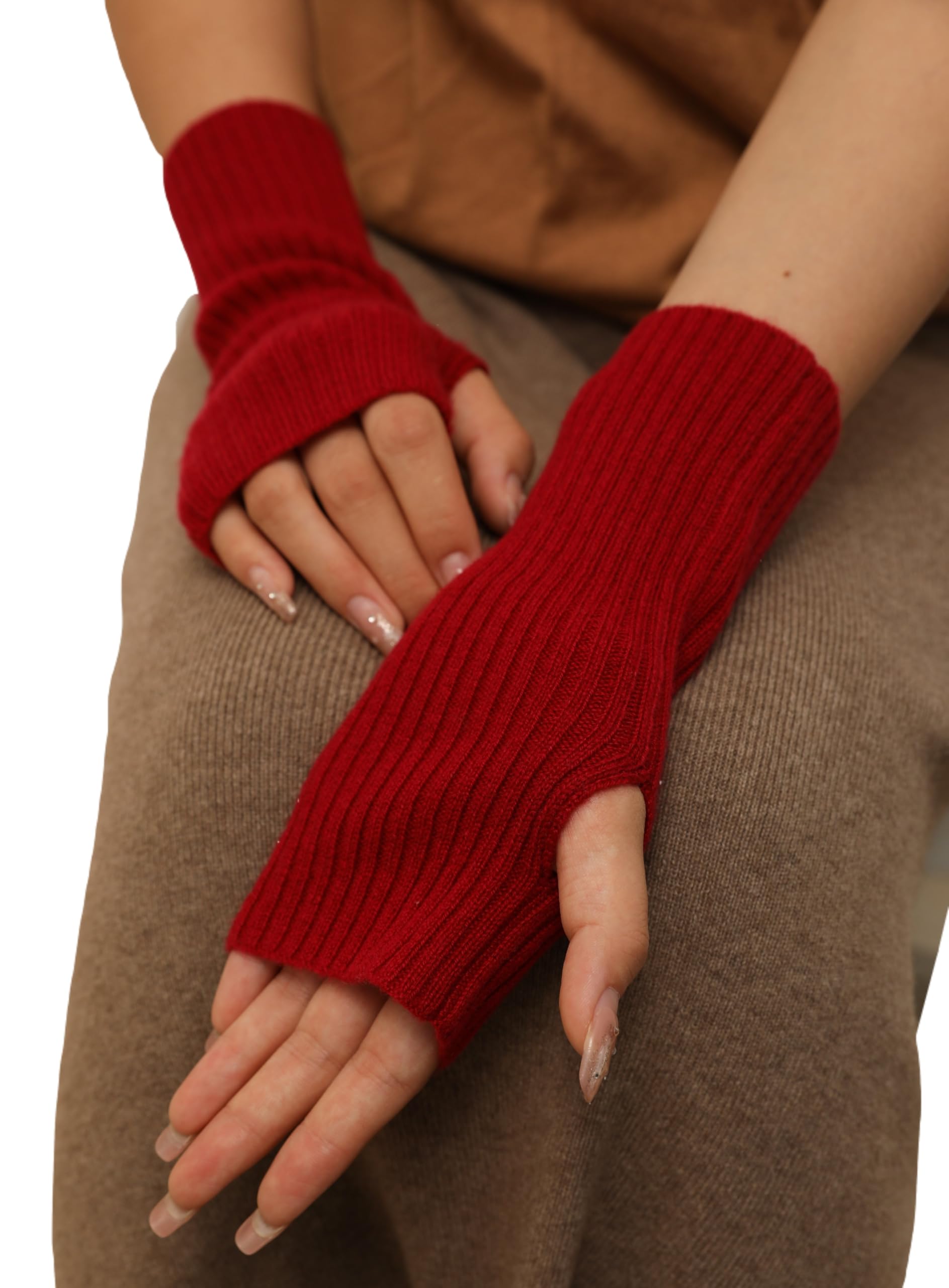 Prettystern Women's Cashmere Wool Ribbed Fingerless Gloves Hand Warmers Wrist Warmer Pulse Warmer, N - Red, Länge 21 cm, Gewicht 20g