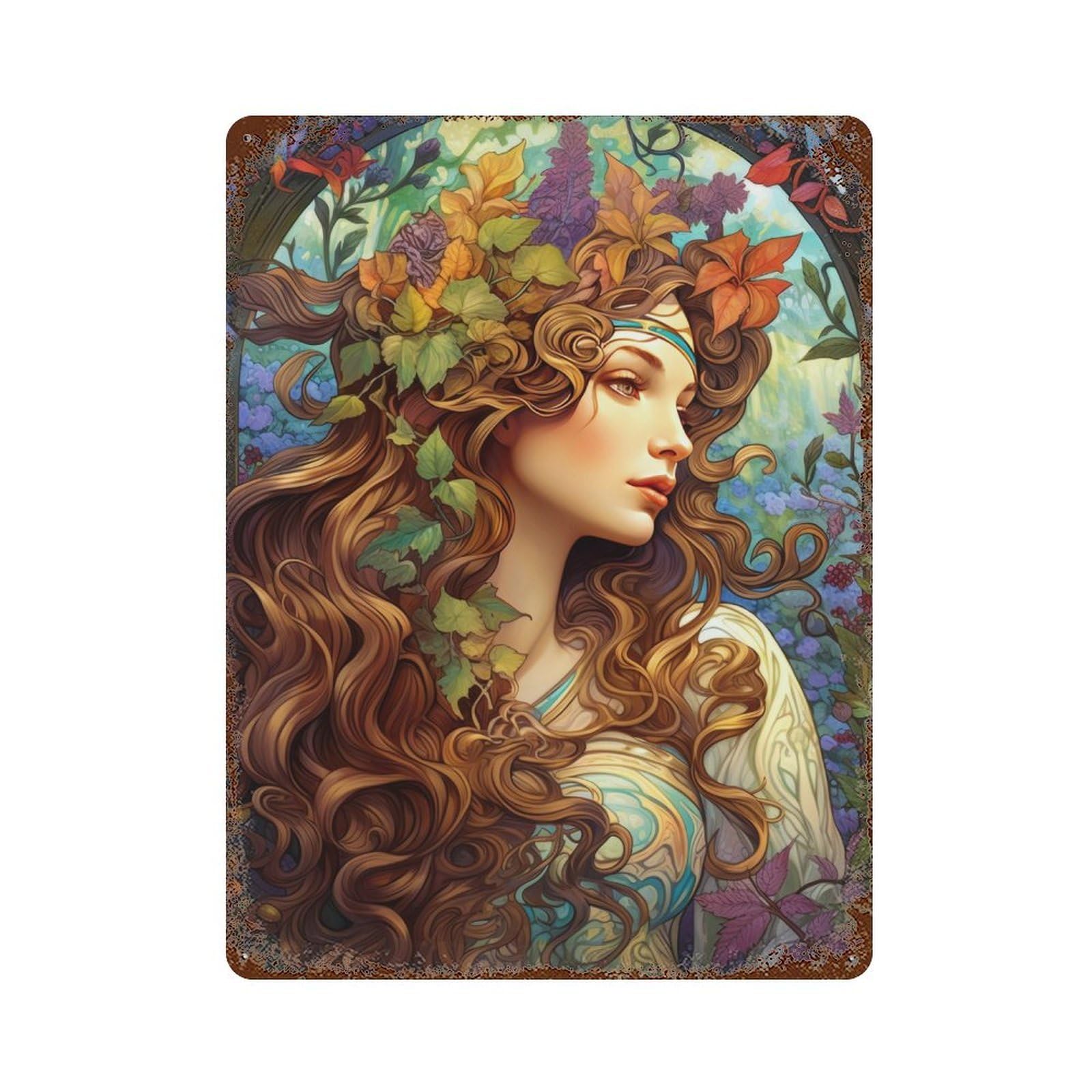 Fantasy Forest Goddess Art Print Rust Effect Tin Sign 15.7"x11.8", Rustic Home Decor for Garage, Bar And Workshop Decor
