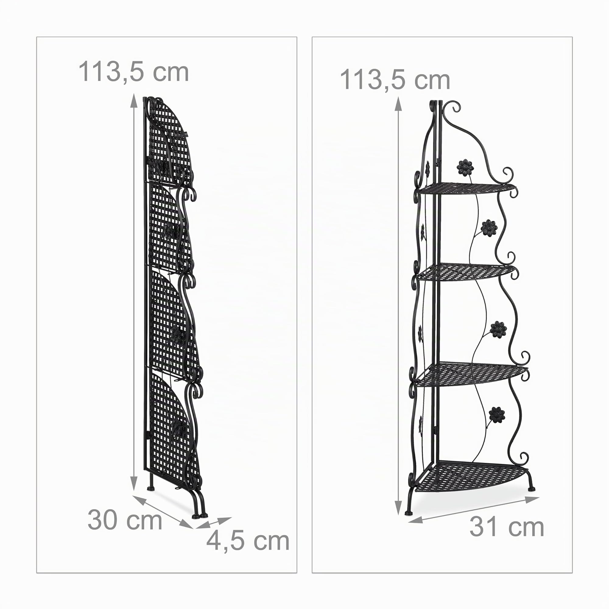 Relaxdays Scaffale Portafiori in Metallo, Fioriera Interno ad Angolo con 4 Mensole Porta Piante, 113,5x31x31 cm, Nero