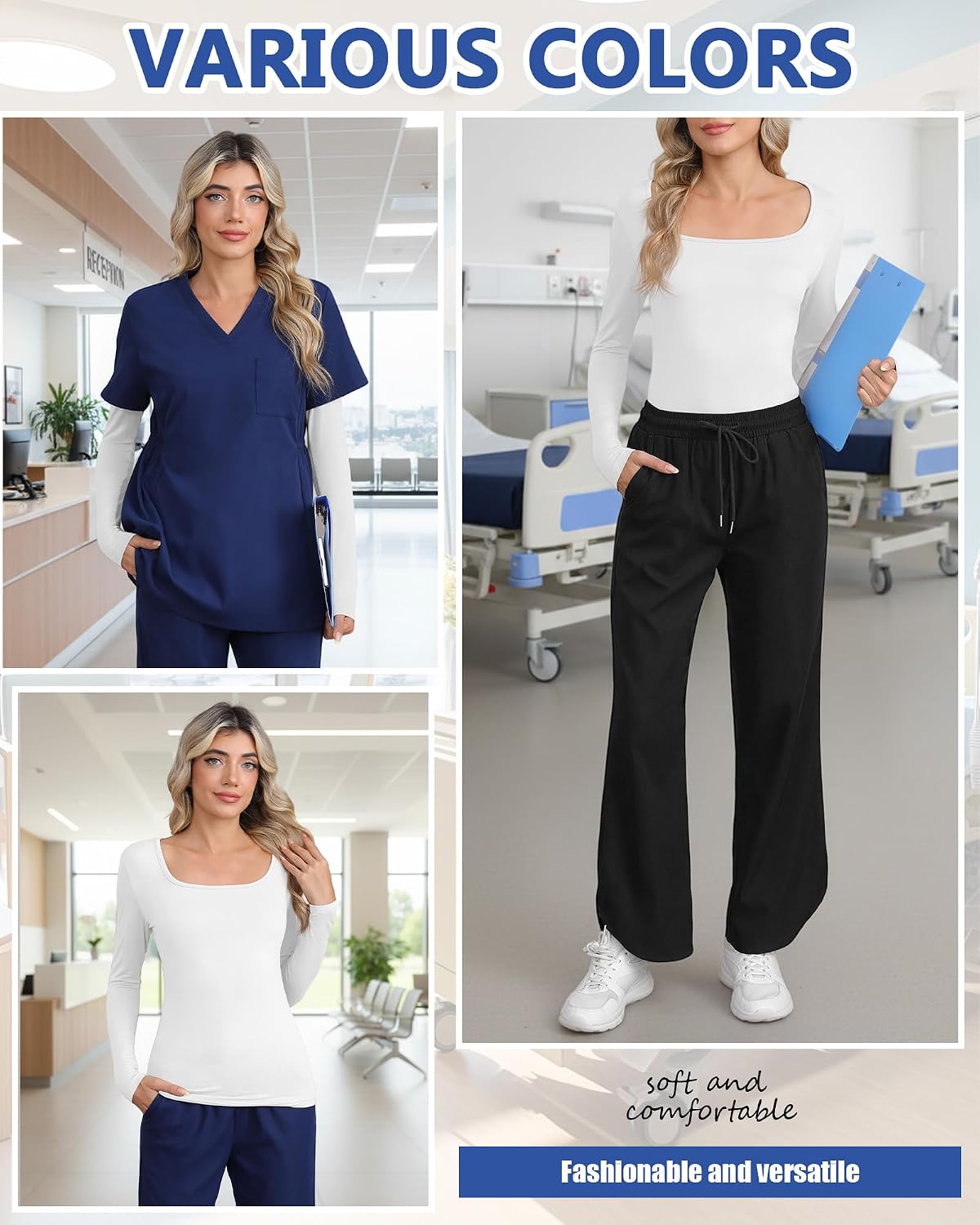 Neer 3 Pack Womens Underscrub Shirts Long Sleeve Square Neck Tops Scrub Tee Comfort Basic Layering Clothes for Nurse