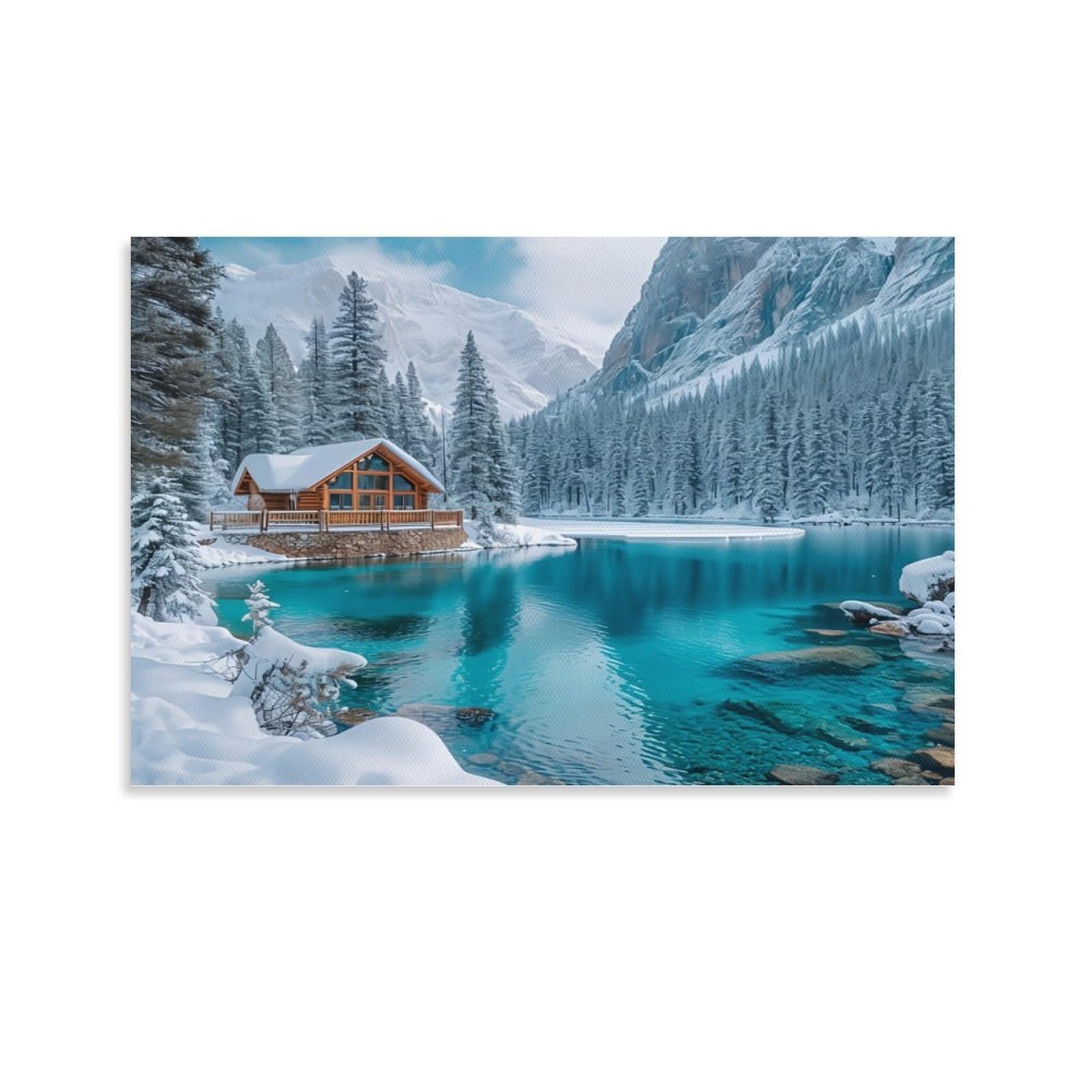 CPLVKWRQJ Snowy Cabin Lake View Individual Snow Cabin Turquoise Mountain Lake Pines Canvas Wall Art - Office Canvas Print Fade Resistant Wall Focal Art Ready to Hang 24x36inch(60x90cm)
