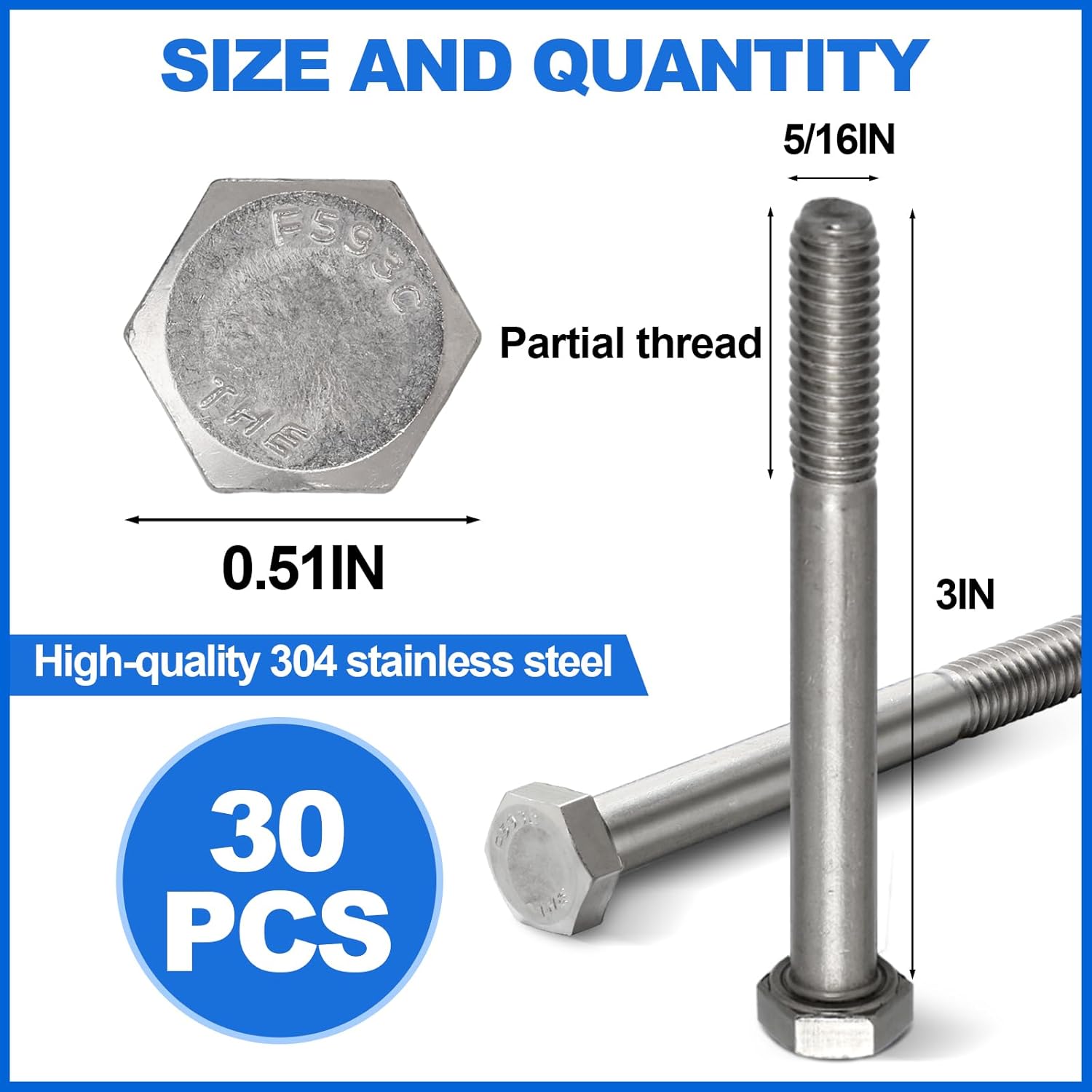30 Pack 5/16-18 x 3'' Hex Head Cap Screw Bolt 304 Stainless Steel Half Thread External Hex Drive Screw Bolt Fastener for Wet Outdoor Metal Framing Concrete Reinforcement Railing Trellises