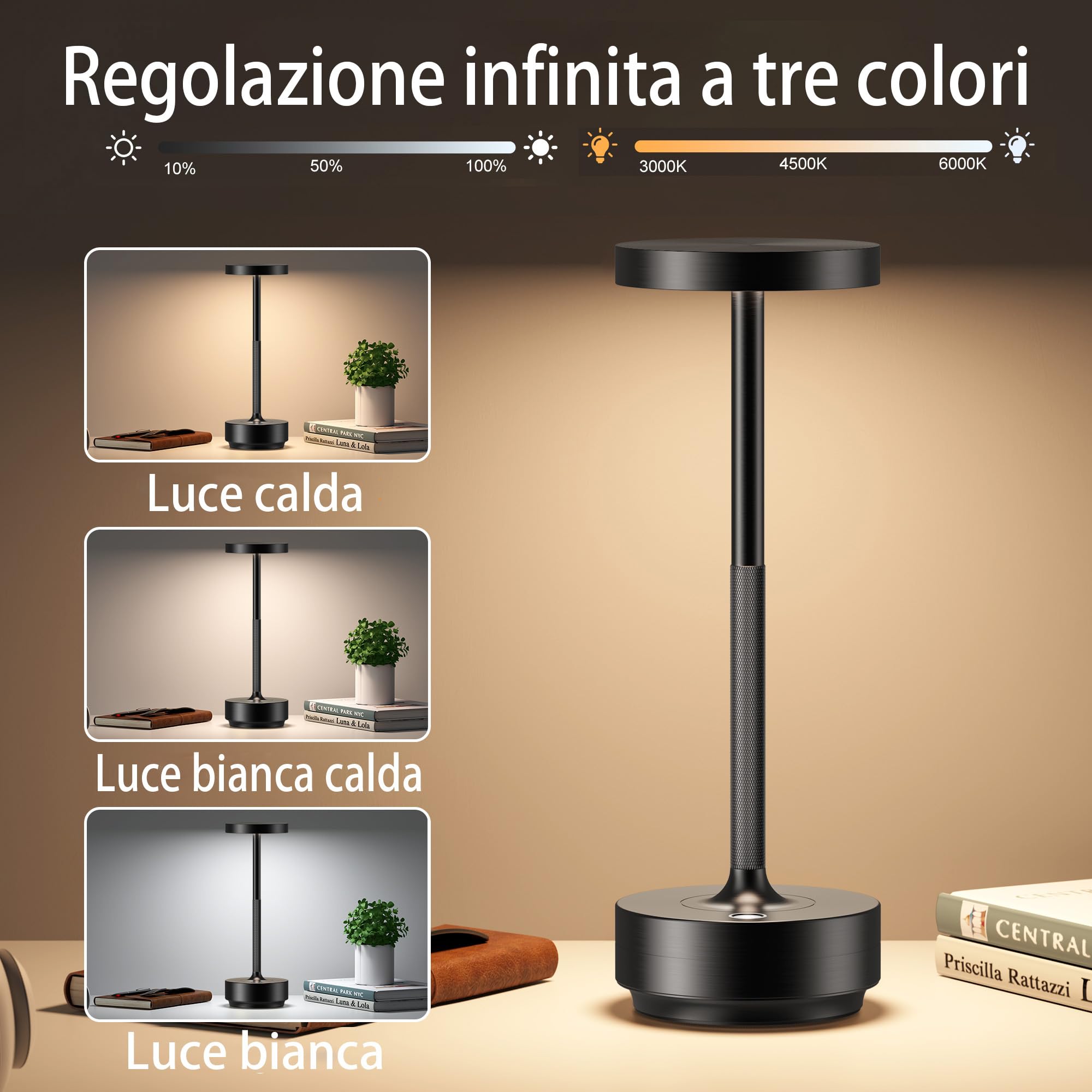 Lámpara de mesa inalámbrica LED recargable regulable 5000 mAh 3 modos de luz uso interior/exterior batería larga duración portátil USB-C lámpara de mesa (negro)