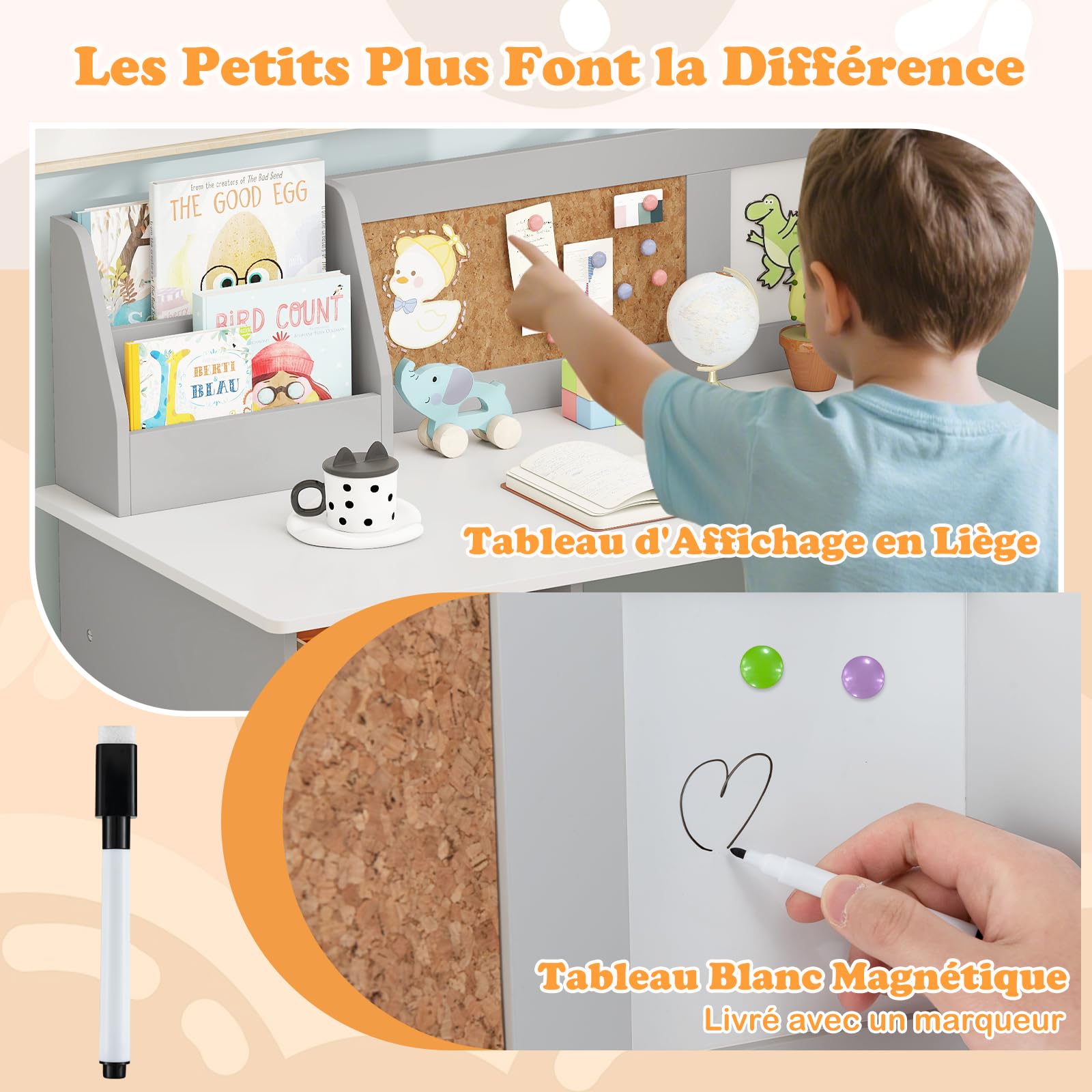 COSTWAY Bureau Enfant Garçon Fille avec Chaise Bibliothèque Tableau d'Affichage, Table Enfant Bois Étagère Armoire Rangement, Charge 50/90kg 3 Ans+ Gris