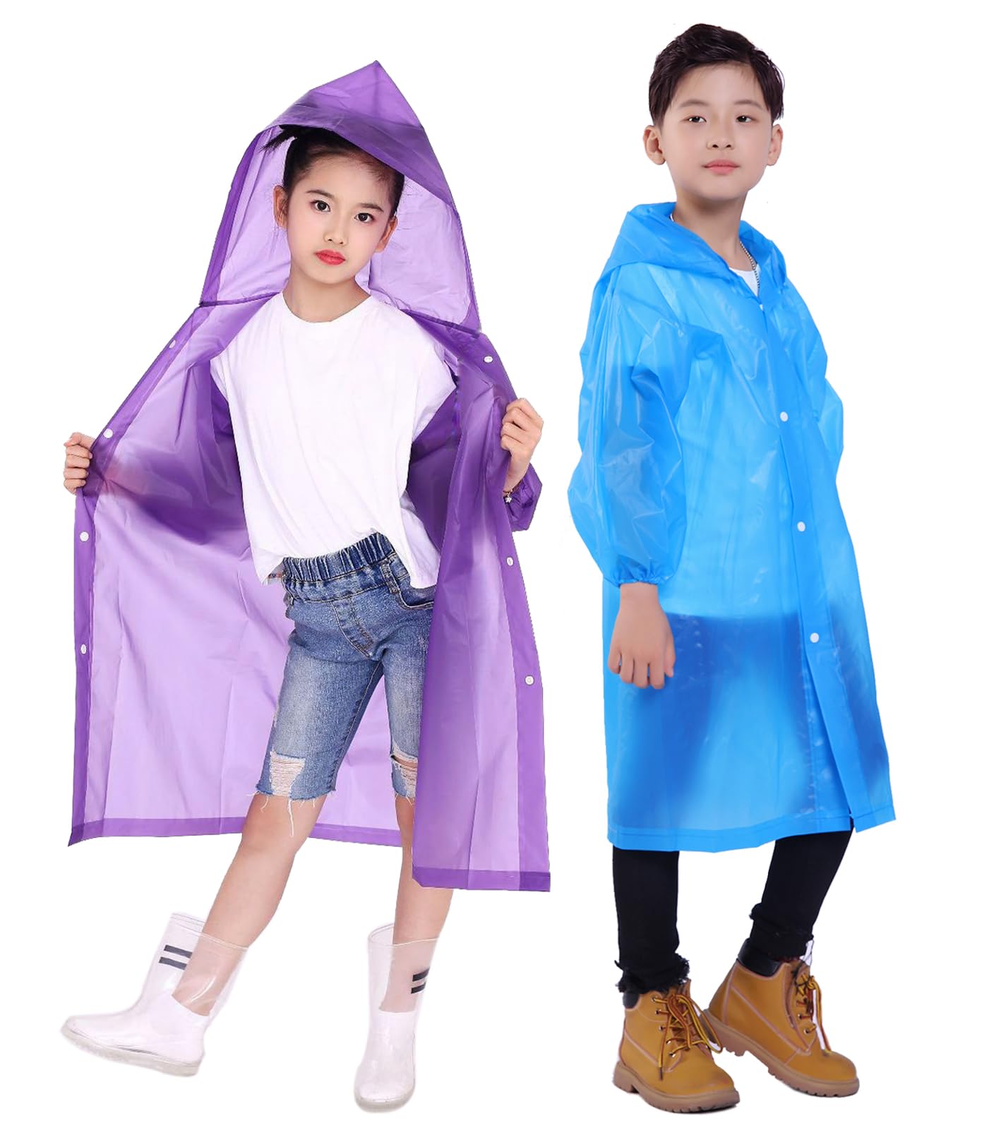 Kids Rain Jacket, 2 Pack Rain Ponchos for Kids - Reusable Raincoats for Boys and Girls Waterproof Outdoor Rain Gear
