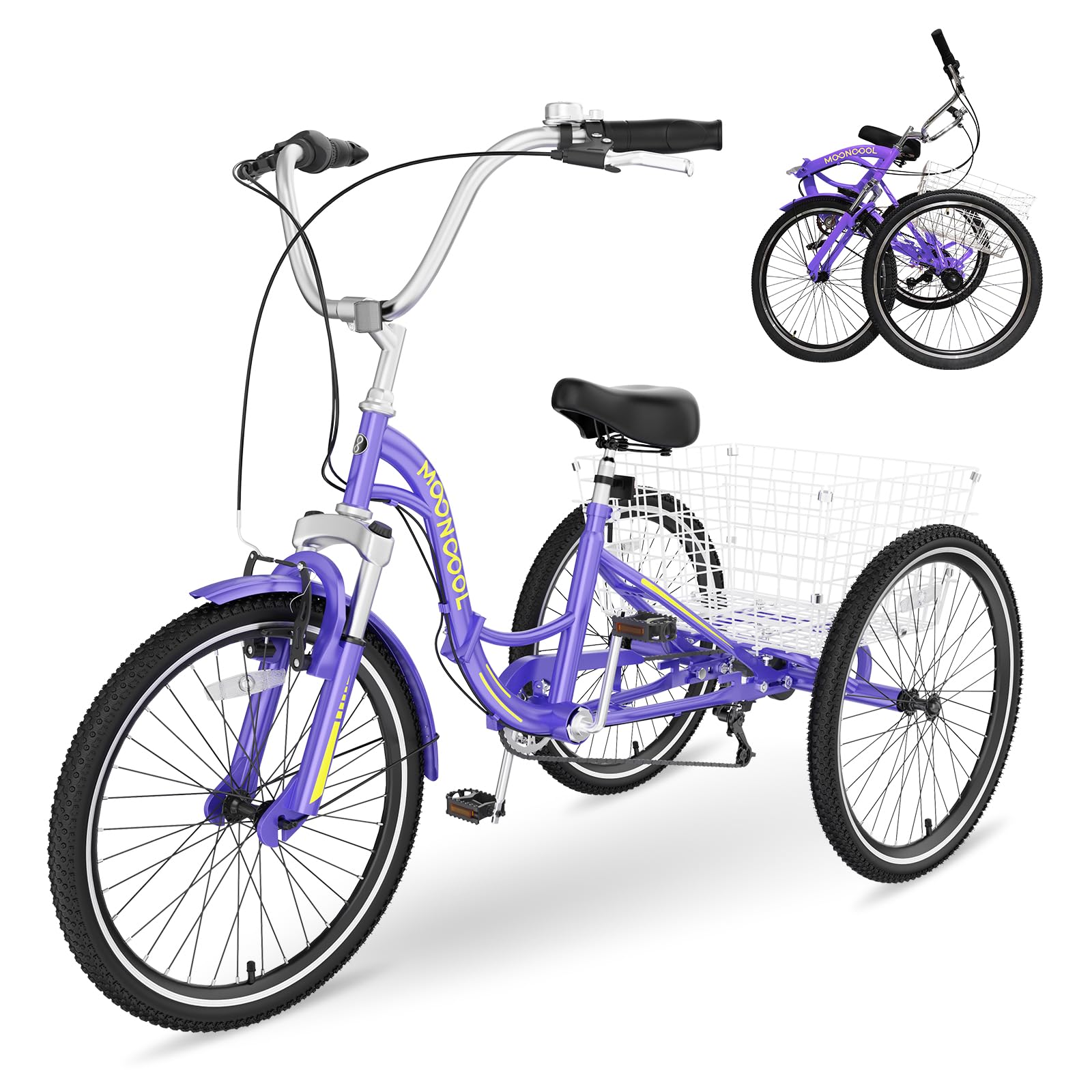 NAIZEA Folding Adult Tricycle - 7 Speed 20/24/26 Inch Folding Tricycle for Adult, 3 Wheel Bike, Foldable Trike with Large Basket/Low-Step Through for Men Women Senior