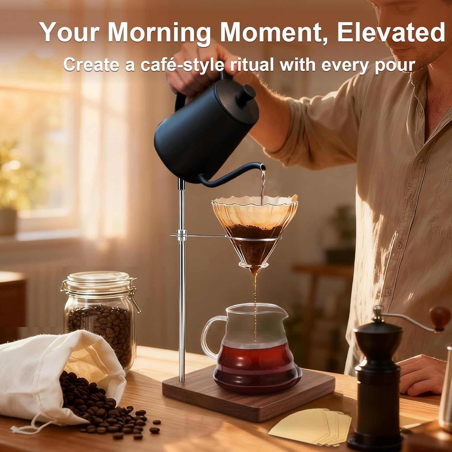 Pour Over Stand with Walnut Base & 360° Adjustable Coffee Filter Holder, Height Adjustable Coffee Dripper Station for V60, Chemex & Glass Funnels, Pour Over Coffee Station (Stand Only)