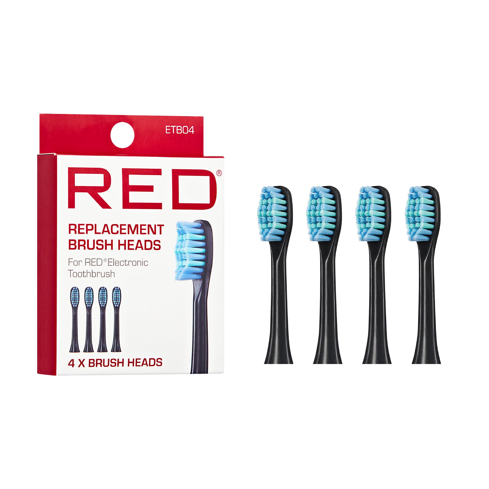Red by Kiss Hypersonic Ultra Powerful Electric Toothbrush Replacement Brush Heads, Deep Cleaning Gum &amp; Enamel Protection, Soft-Medium Bristles (4 Pack, Black)