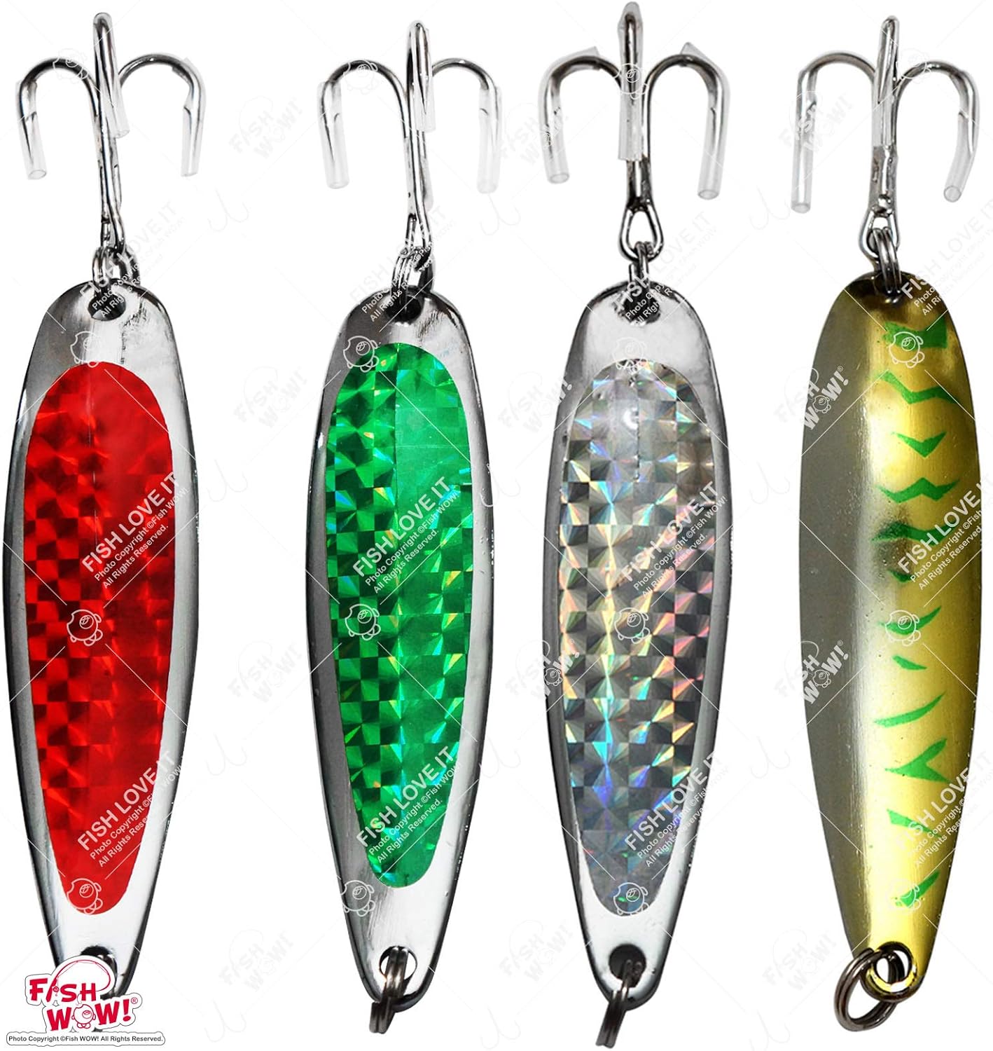 4pcs 3oz Fishing Spoon with a 2/0 Treble Hook Silver, Gold, Red, Green Holographic Laser Tape - Fish WOW!