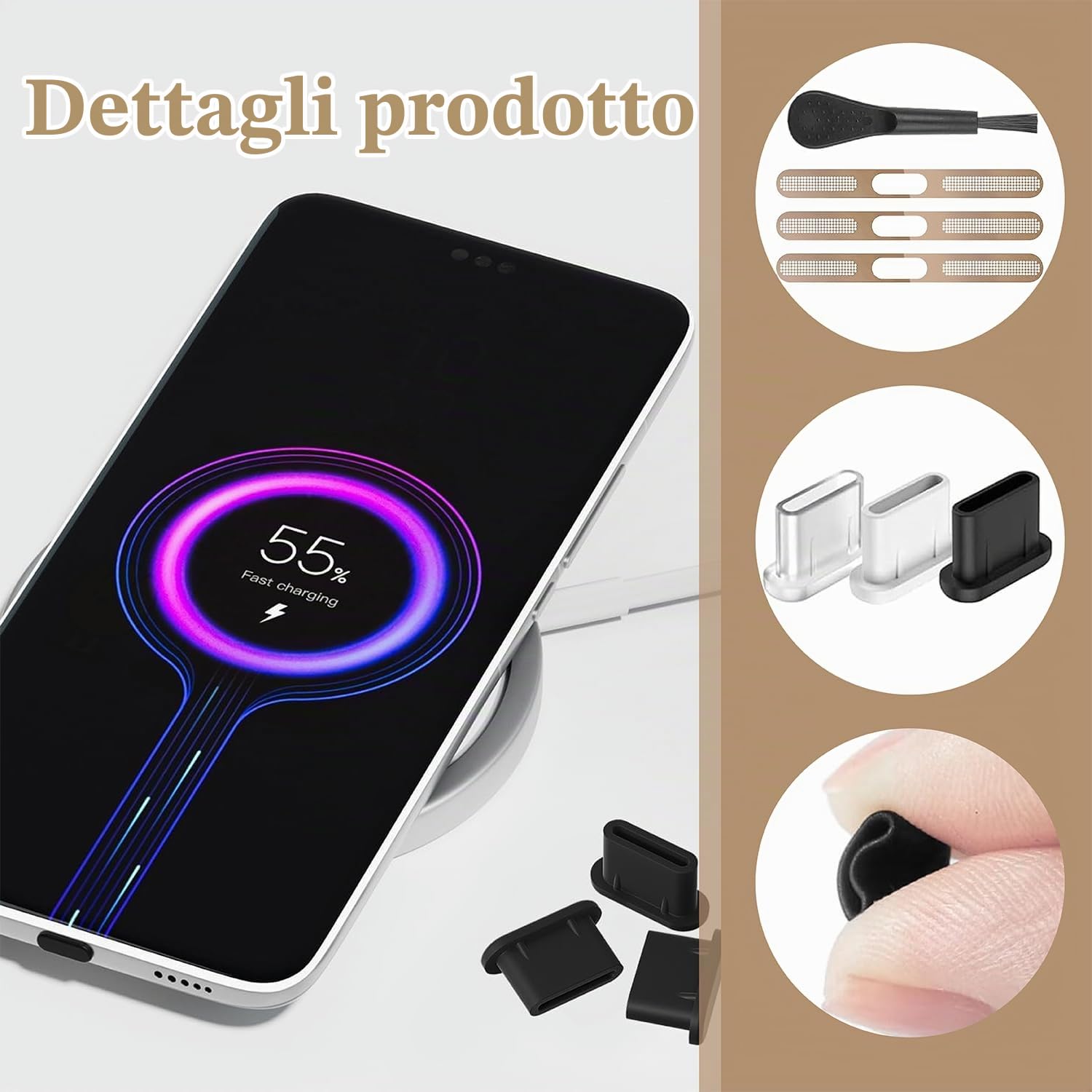 Kit BelleVive Anti-polvere Per IPhone 15/16: 5 Tappi USB-C In Metallo + 5 Reti Per Altoparlanti!