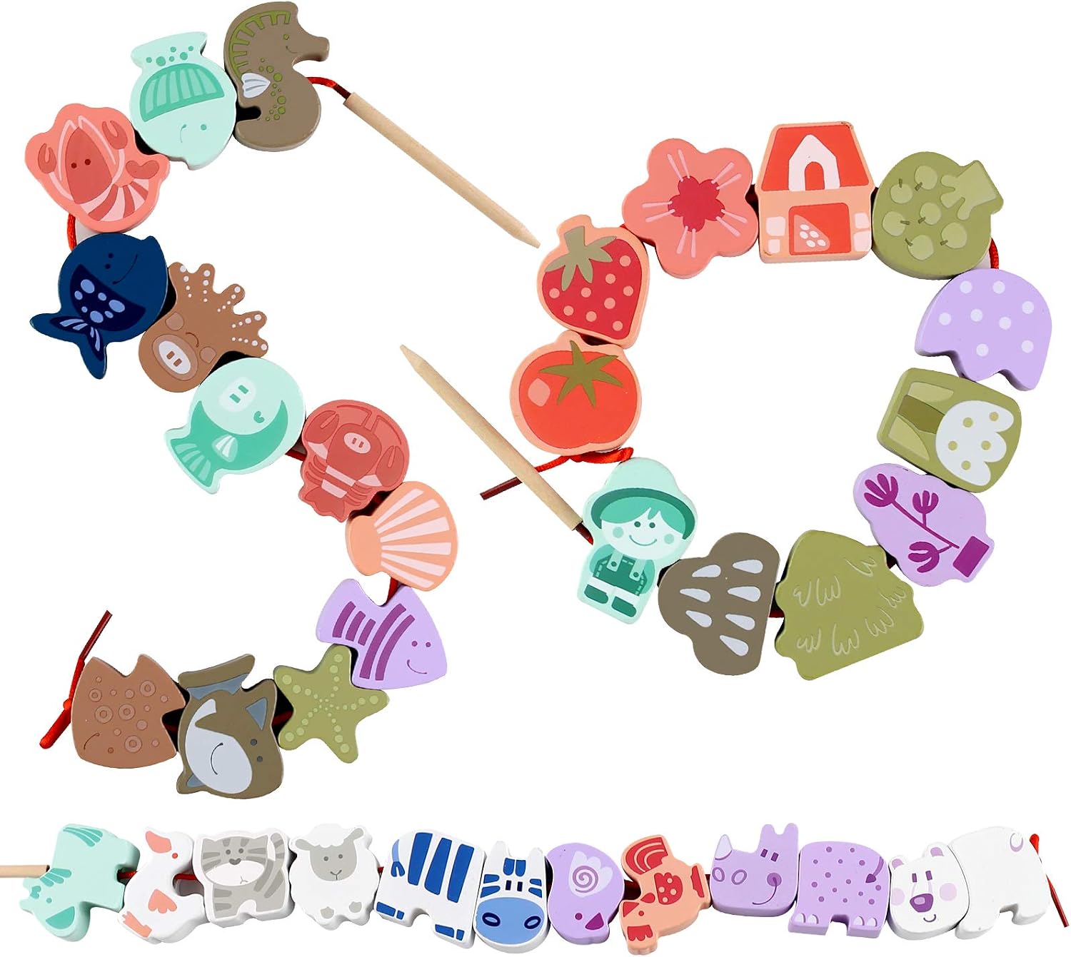 LOVESTOWN Wooden Lacing Beads, 67 PCS Stringing Beads Large Lacing Bead Animals Stringing Toy Montessori Toddler Preschool Toys for Toddlers Kid Birthday Gifts