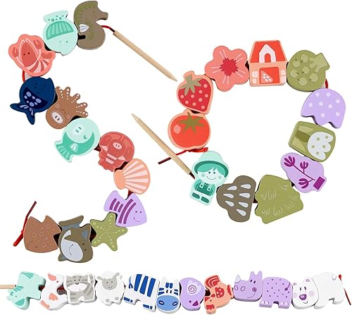 Miniatura 4 de LOVESTOWN Cuentas de cordones de madera, 67 cuentas de cuerda grandes con cordones de animales, juguete Montessori para niños pequeños, regalos de