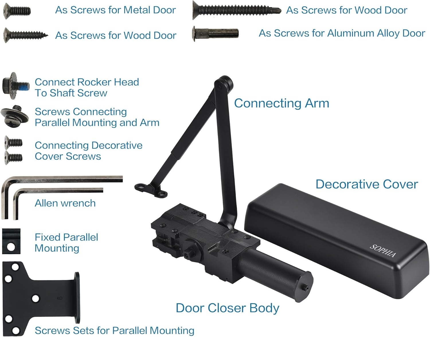 SOPHIA Automatic Self-Closing Door Hinge 3 Pack & Door Closer Grade 1 Combo Kit