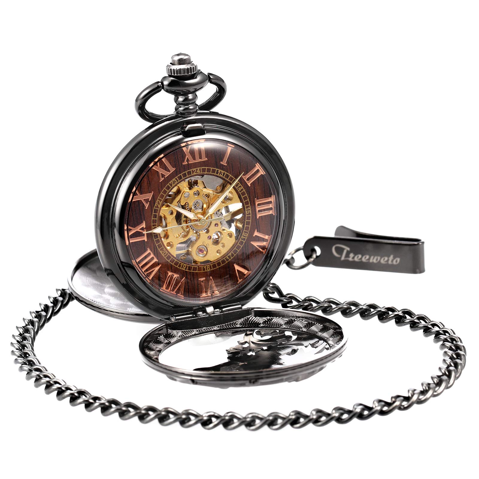 TREEWETO Reloj de bolsillo mecánico de dragón antiguo para hombre, color negro y bronce, doble caja con cadena