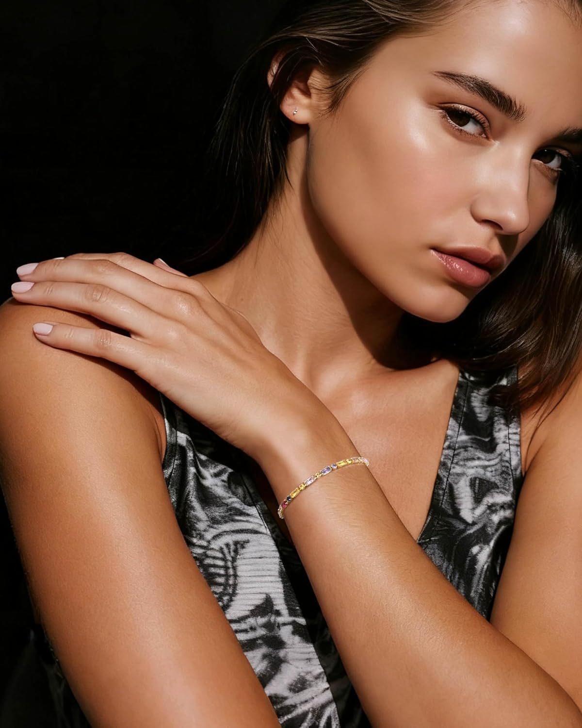 14K Gold Rainbow Tennis Bracelet Colorful Chain Crystal Link Bracelet for Women 6.5'' - Image 3