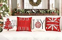 Vista 7 de 4TH Emotion Juego de 4 fundas de almohada rojas de Navidad de 18 x 18 pulgadas, decoración navideña de granja con texto en inglés "Merry Tree Joy