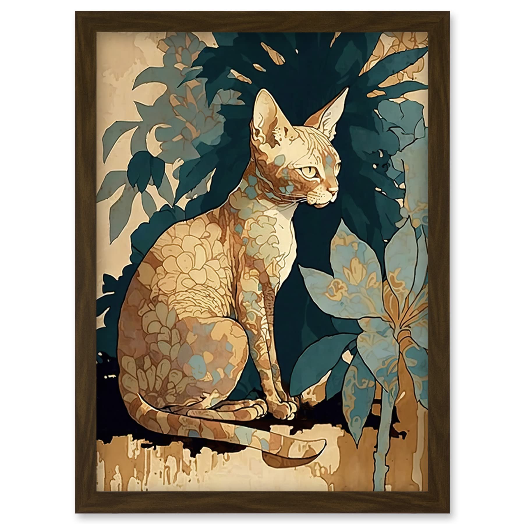 Devon Rex Cat with Flower Pattern Fur - Modern Illustration Artwork - Framed Wall Art Print A4