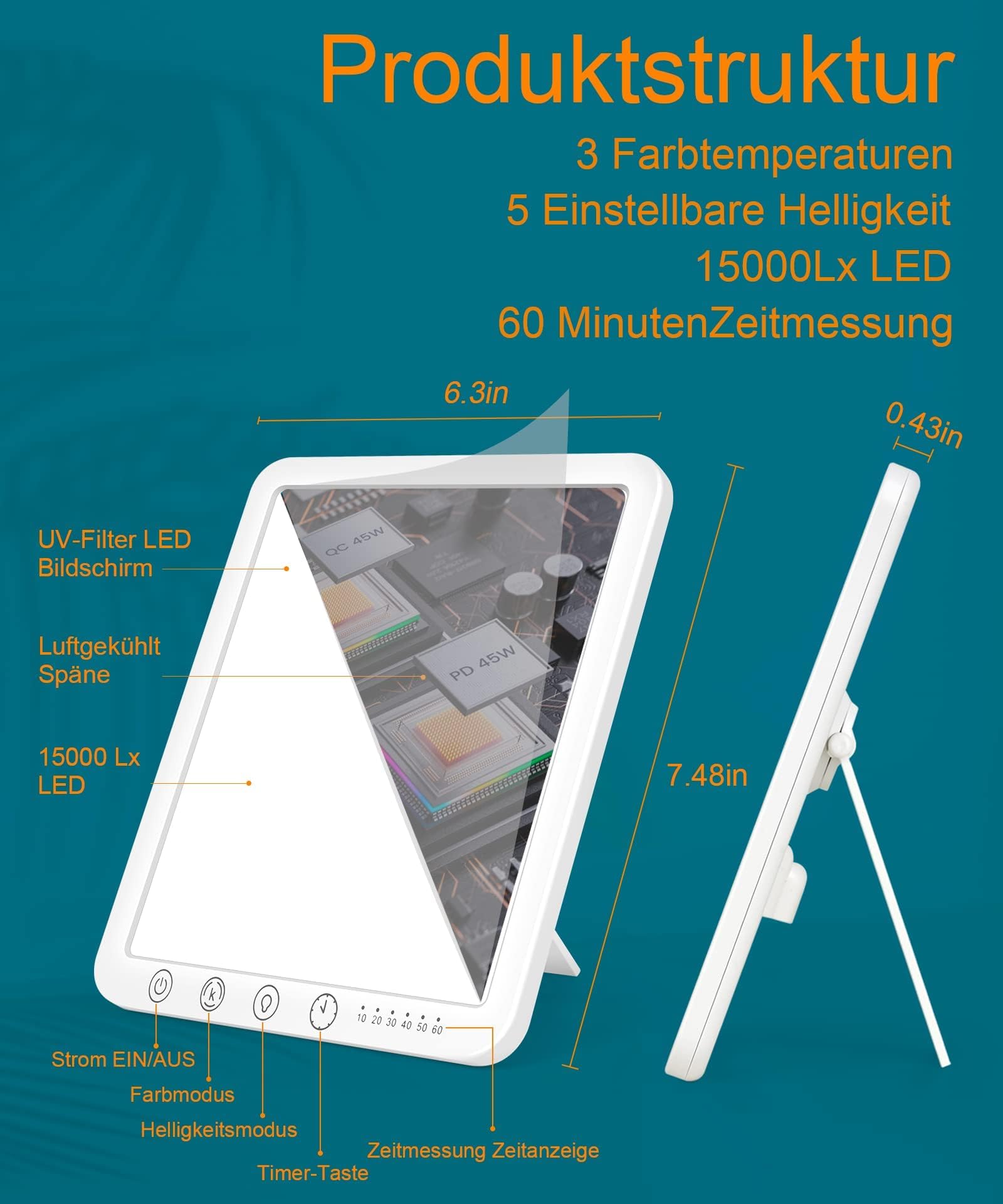 Tageslichtlampe 15000 Lux, UV-freie LED Lichttherapielampe, Touch-Control Vollspektrumlampe für Zuhause