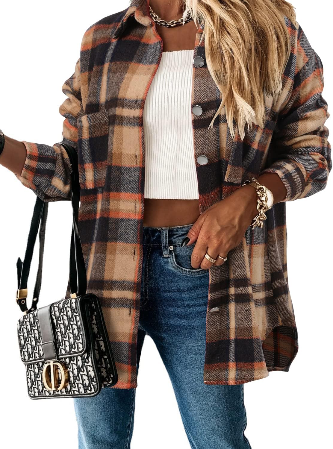 StunShow Women Plaid Shirt Button Down Flannel Shacket Long Sleeve Coat Jacket Tops Trendy 2025