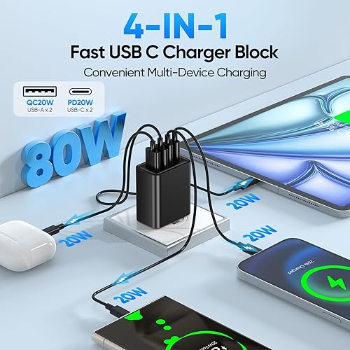 Miniatura 3 de Paquete de 2 Cargador de pared USB C, bloque de carga rápida de 80 W, 4 puertos tipo C, enchufe de pared multipuerto USBC PD20W y QC20W GaN con