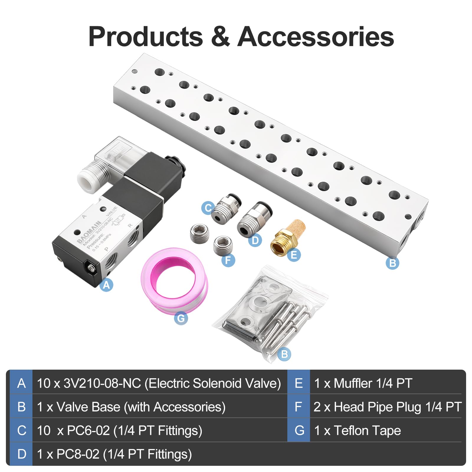 Baomain Válvula solenoide neumática de 10 espacios 3V210-08 AC 110V PT1/4 2 posiciones 3 vías colector con silenciador de base, juego de accesorios rápidos