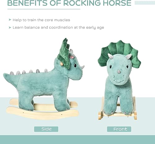 Miniatura 5 de Qaba Kids Caballo de montar de peluche con forma de Triceratops, juguete mecedora con sonidos realistas para niños de 36 a 72 meses, verde oscuro