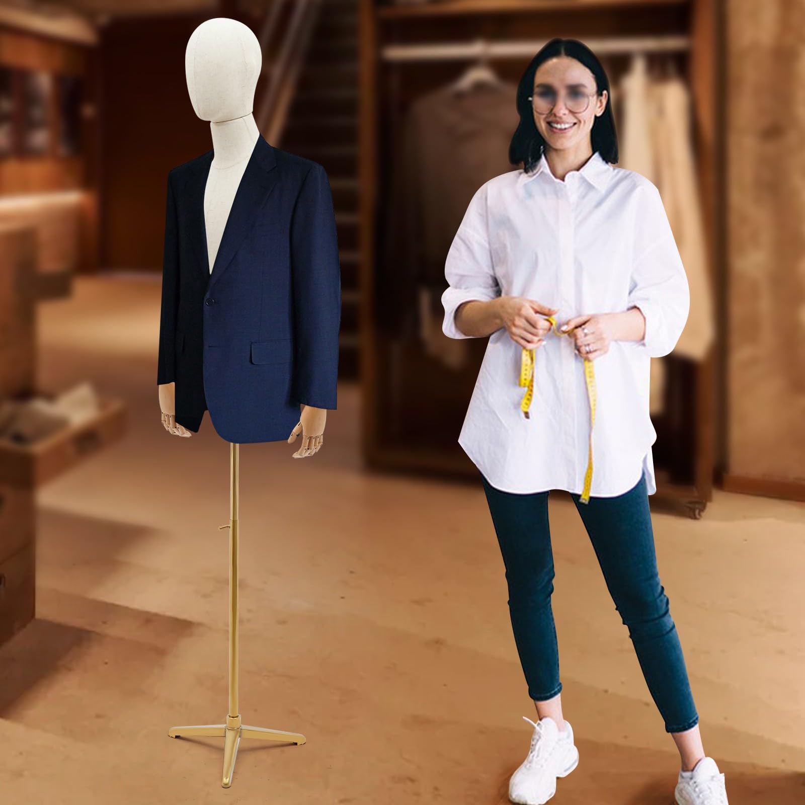 Manekin krawiecki, męski, manekin wystawowy, manekin wystawowy, manekin na ubrania, manekin na ubrania, manekin ciało, manekin z regulacją wysokości od 134 do 193 cm (X, złoty)