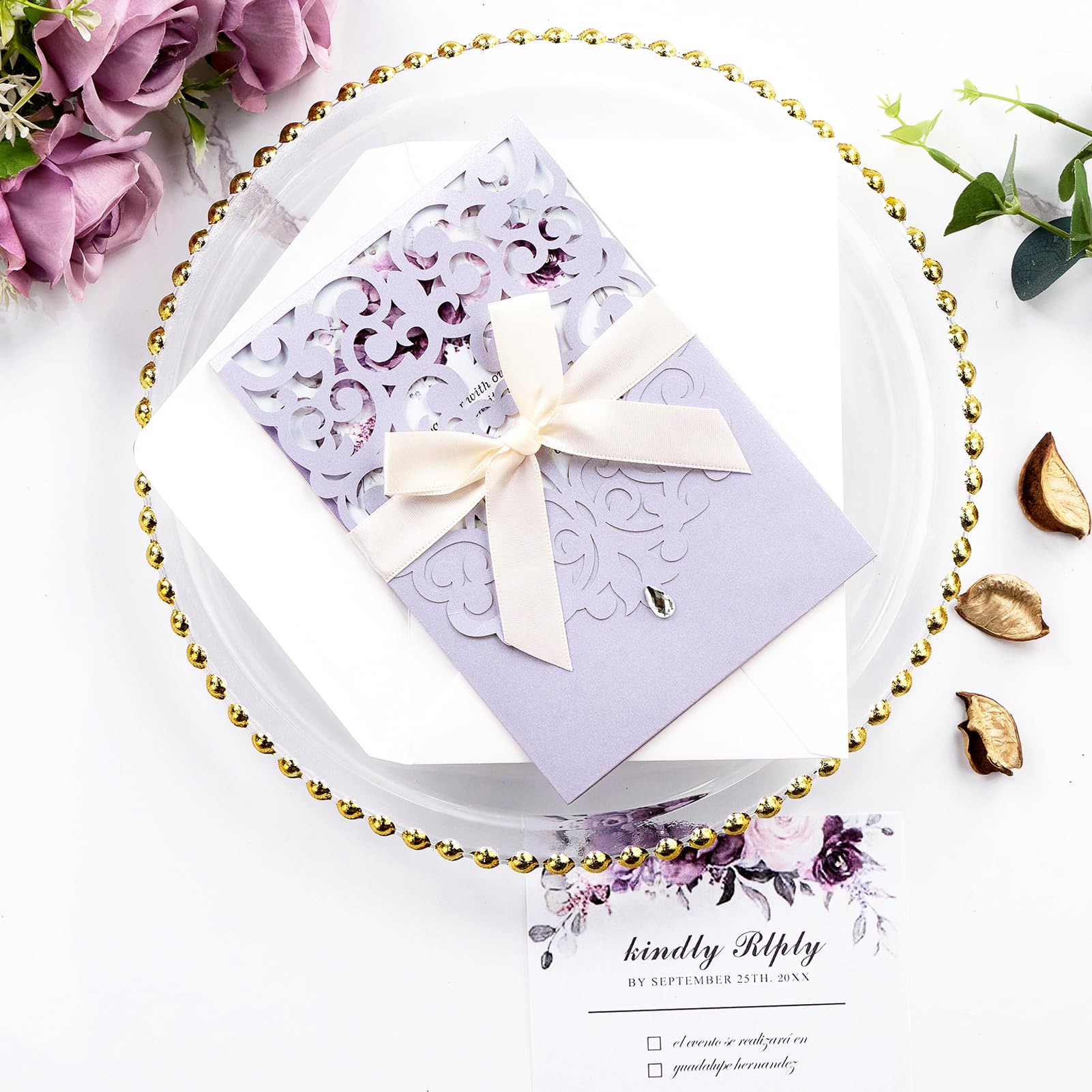 Blanko-Hochzeitseinladungen mit Umschlägen und Antwortkarten, Hellviolett, 50 Stück | Lasergeschnittene Einladungskarten, komplett blanko, für Hochzeit, Verlobung, Babyparty, Brautparty, Quinceanera Sweet 16