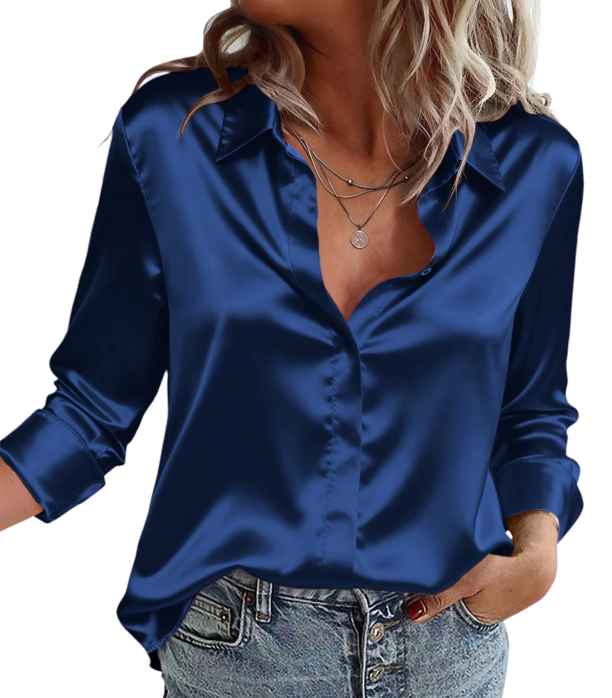 ZEAGOO Satin Bluse Damen Seidenbluse V-Ausschnitt Langarm Blusen Elegant Business Oberteile Seide Hemd mit Knöpfen