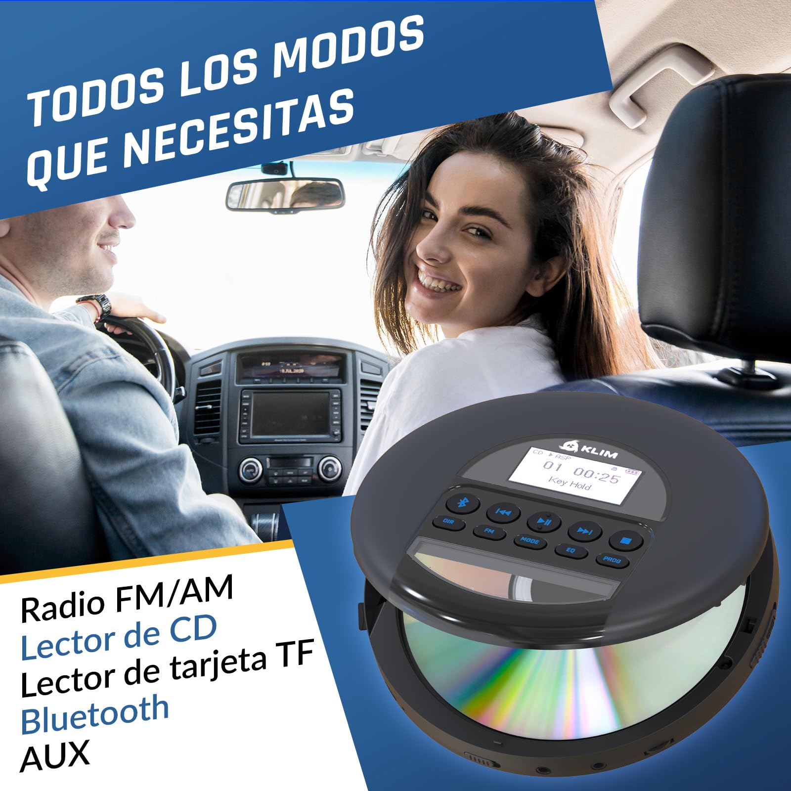 KLIM Nomad - Reproductor CD portatil con batería Interna de Larga duración - Nuevo - Auriculares KLIM Fusion - CD Player Mini Compacto - Radio FM Compatible con CD-R, CD-RW MP3 - Negro Azul