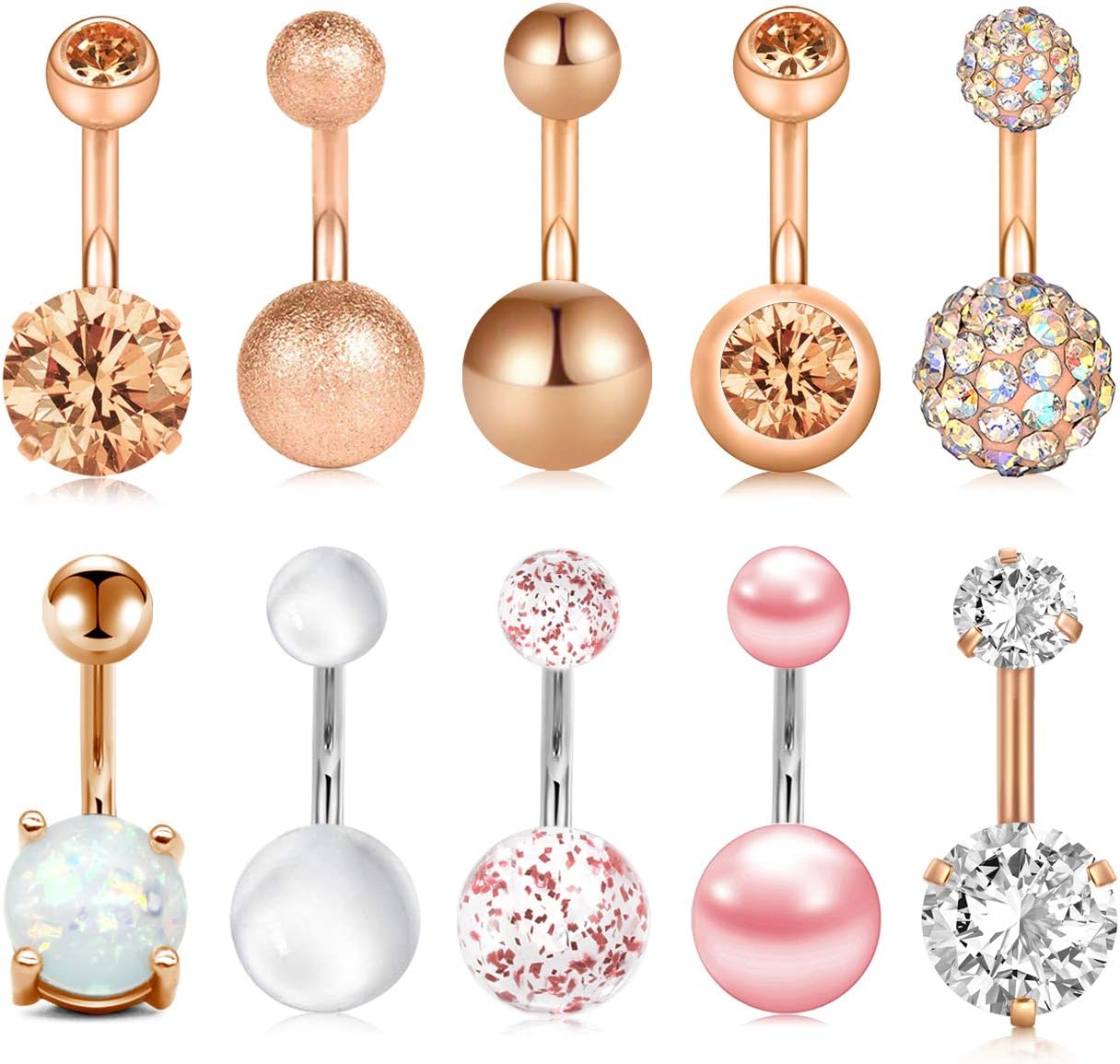 JFORYOU 4/6/8Pcs Belly Button Rings Stainless Steel 14G Faux Crystal CZ Navel Rings Barbells Studs Women Girls Body Piercing Bar Length 6mm 8mm 10mm