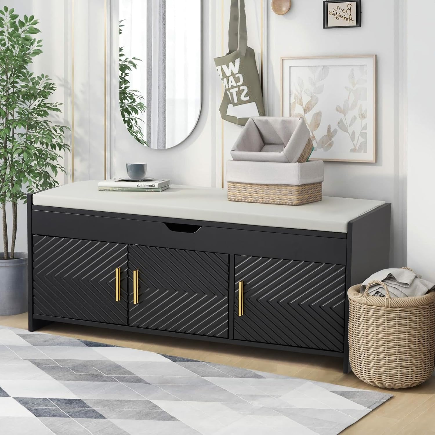 ECOTOUGE Shoe Bench, Storage Bench with Lift Top Storage, Entryway Bench with Cushioned Seat, Adjustable Shelf for Living Room, Bedroom, Hallway, Black