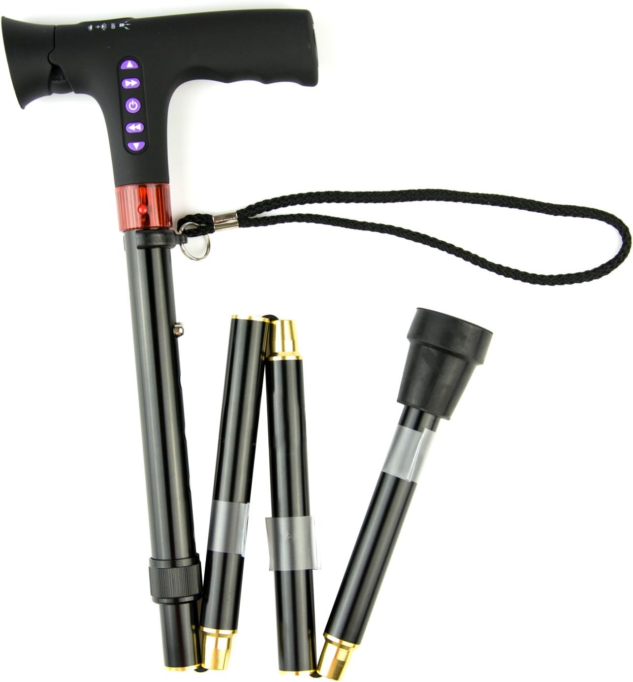 LED Flash light Folding Walking Stick / Alarm / FM Radio-re-chargeable, Foldable Crutch 325g