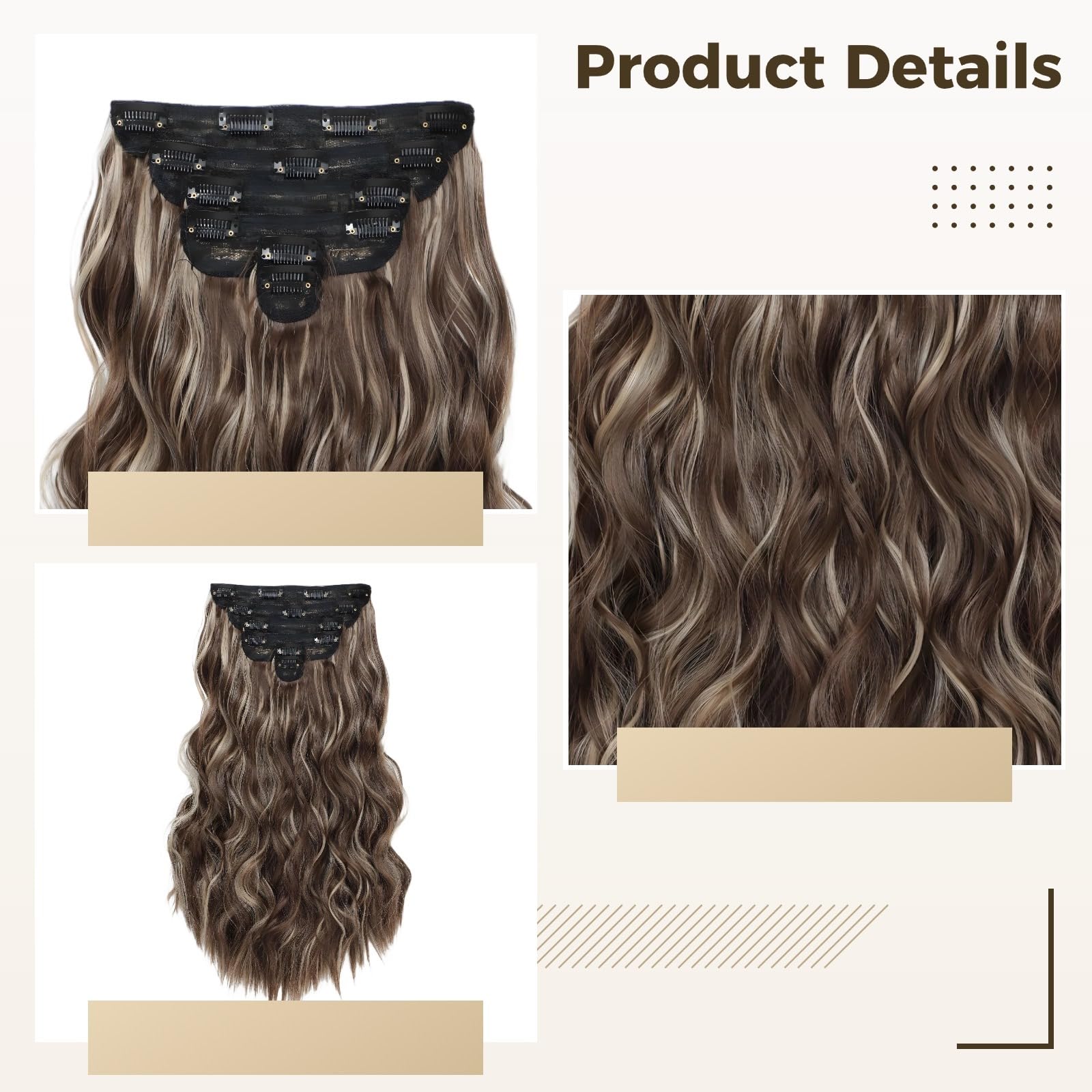 Clip-In Haarverlängerungen, blonde Haarverlängerungen, 20 Zoll hellbraun mit Gold meliert, 6-teiliges Set aus Hitzefaser, leicht zu tragen, lange wellige Optik, für Hochzeiten und Partys