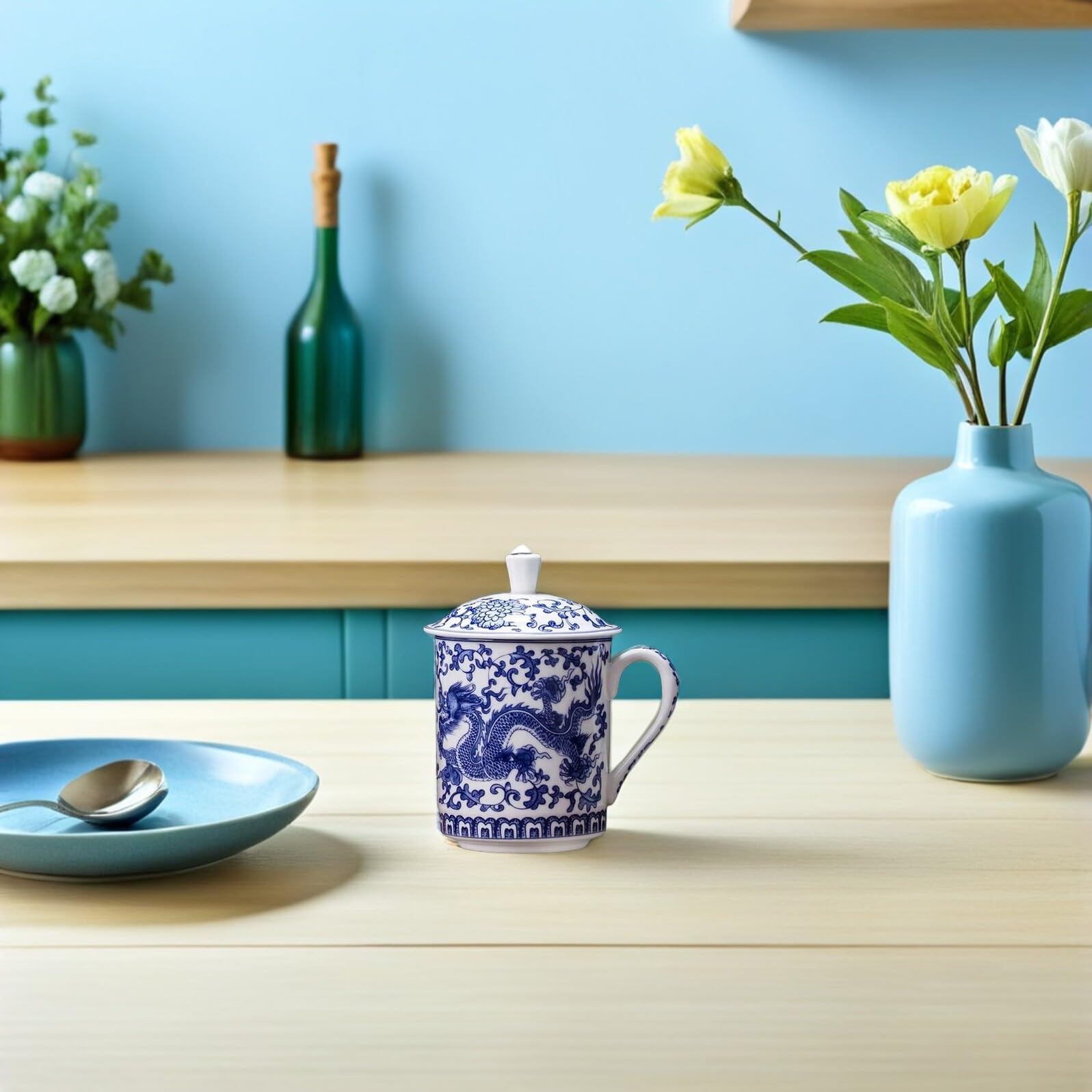 TOPBATHY Chinesische Teetasse Mit Deckel Aus Porzellan Blau Weiß 5.91X5.12 Zoll Keramikbecher Für Tee Milch Kaffee Wasser Zuhause Und Tee Party