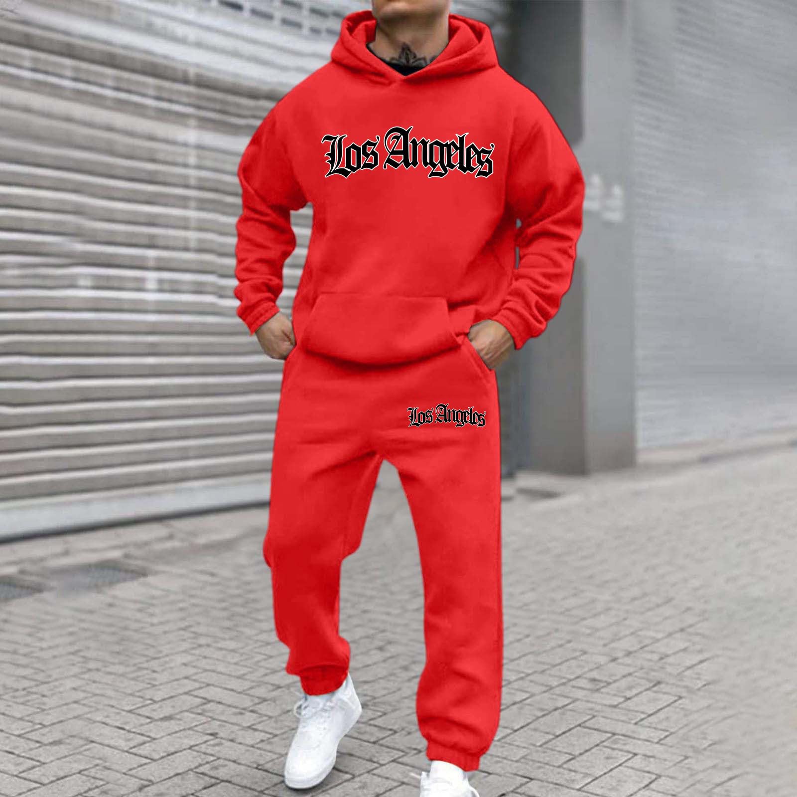 Generisch 2025 Conjunto de sudadera casual con capucha para hombre con estampado de letras, suéter holgado con pantalones de chándal para el día a día en invierno chaleco kimono