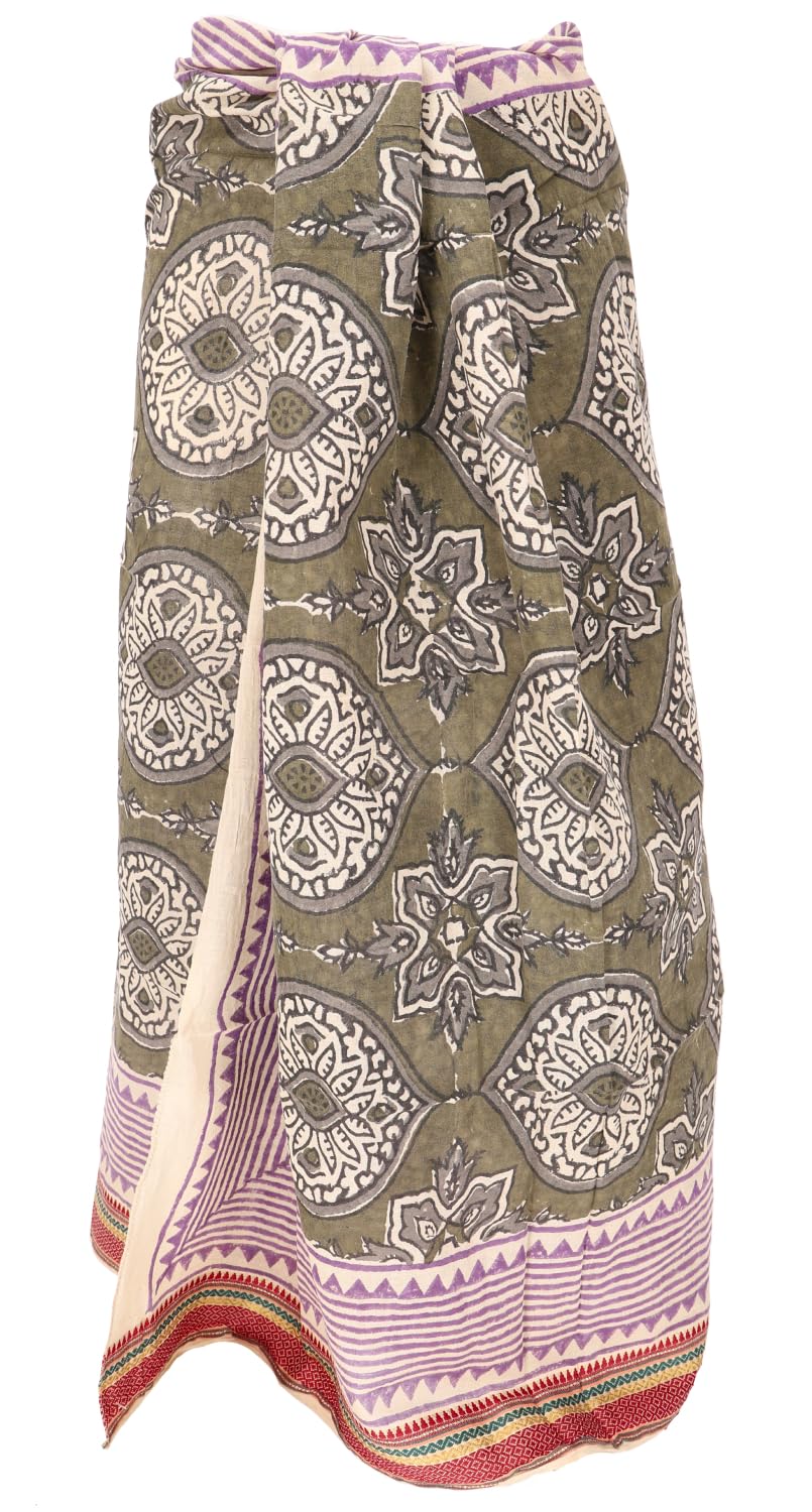 Pareo bufanda ligera de algodón estampada a mano 190x120 cm verde oliva rosa