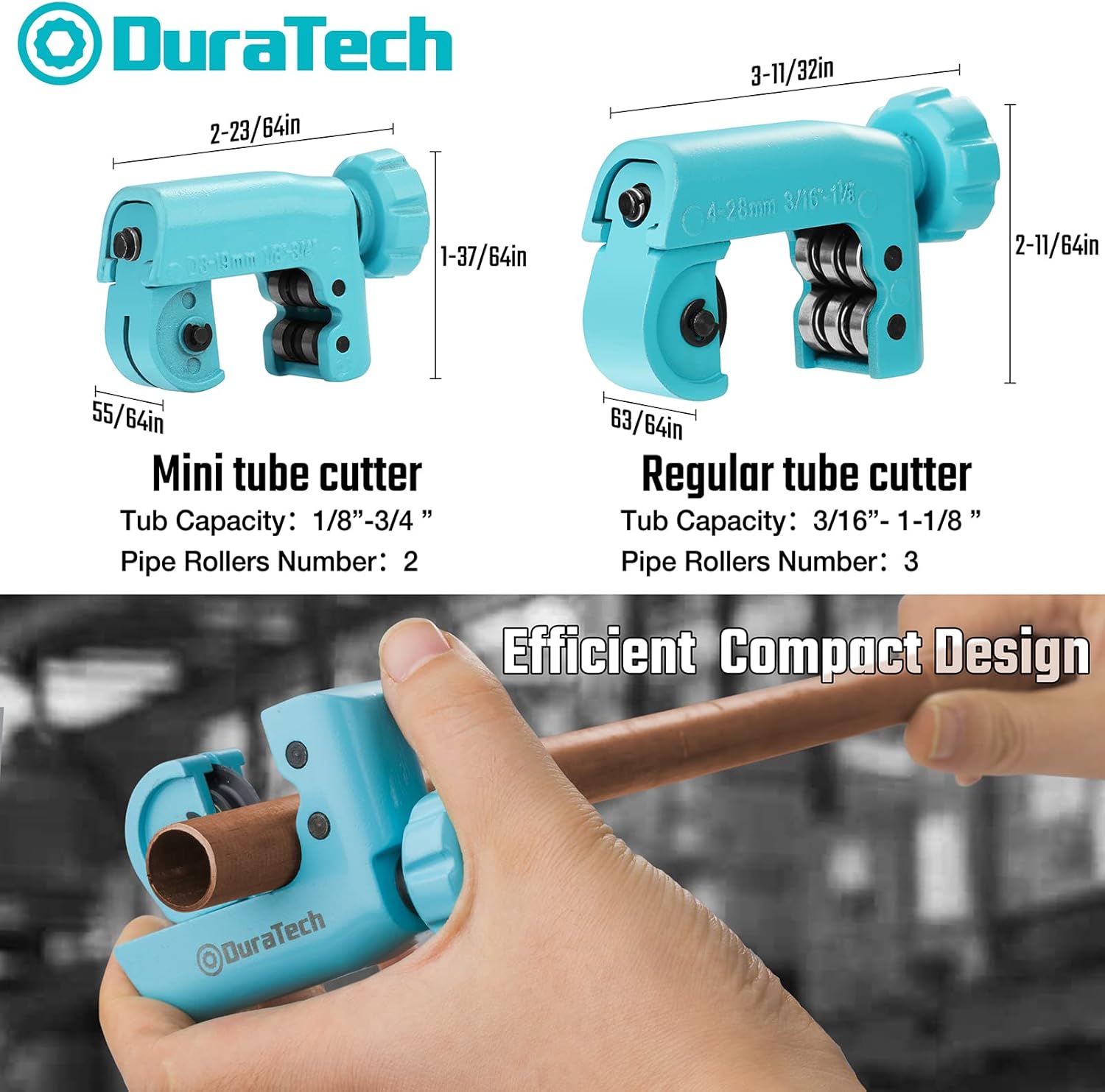 DURATECH Tubing Cutter 3/16"-1-1/8"(4-28MM), Copper, Aluminum, Brass and Plastic Tubing Compact Cutter, With Replacement Wheel - 