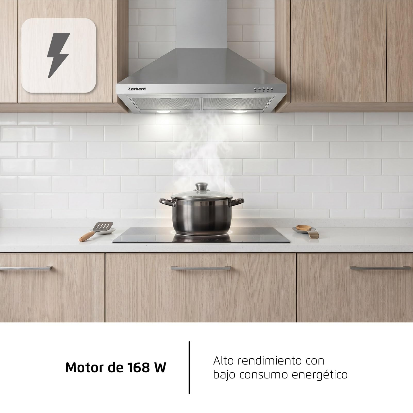Corberó - Ozdobny dzwonek piramidowy Inox | 70 cm | KURAMATHI760X | Przepływ 621,71 m3/h | 165W | 3 prędkości | 2 filtry aluminiowe | Filtr węglowy | Efektywność energetyczna A, stal nierdzewna