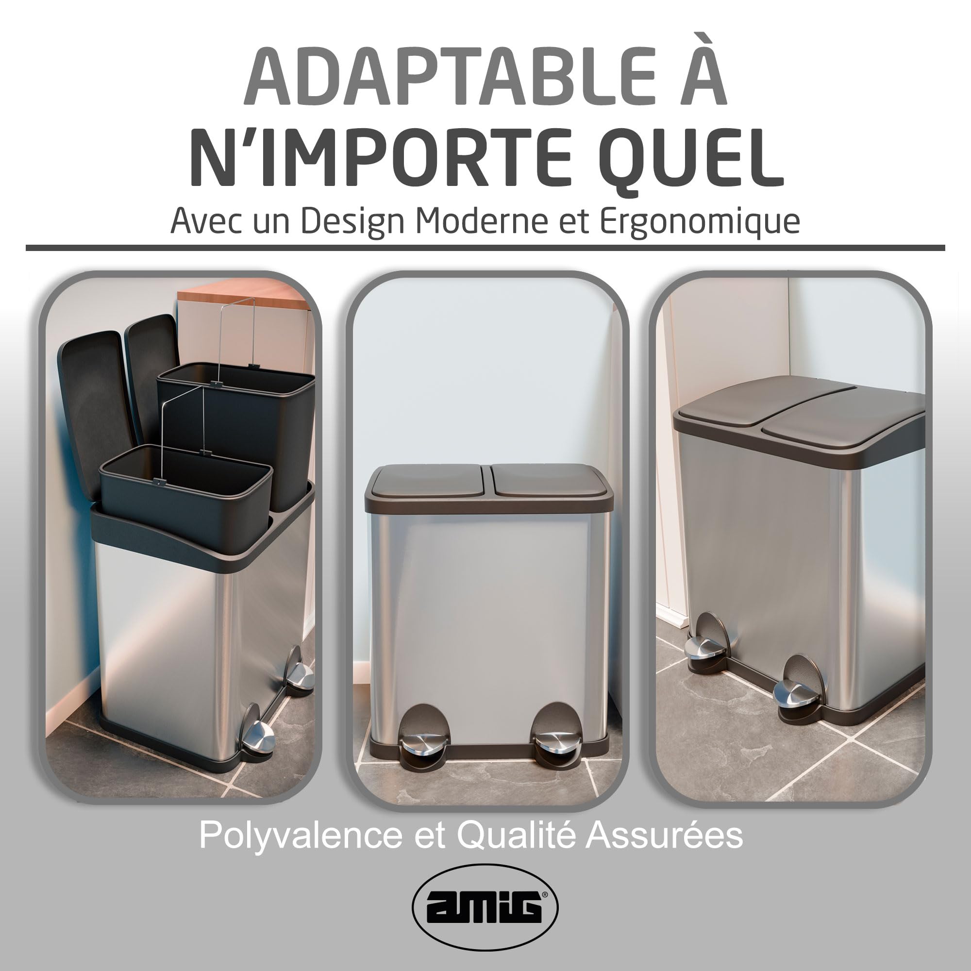 Amig - Poubelle de Recyclage Double avec Pédales Mod. RECIK2 - Poubelle Anti-traces pour Cuisine - Acier Inoxydable - 2 Compartiments x 15 L - 48 x 32 x 40 cm - Argenté
