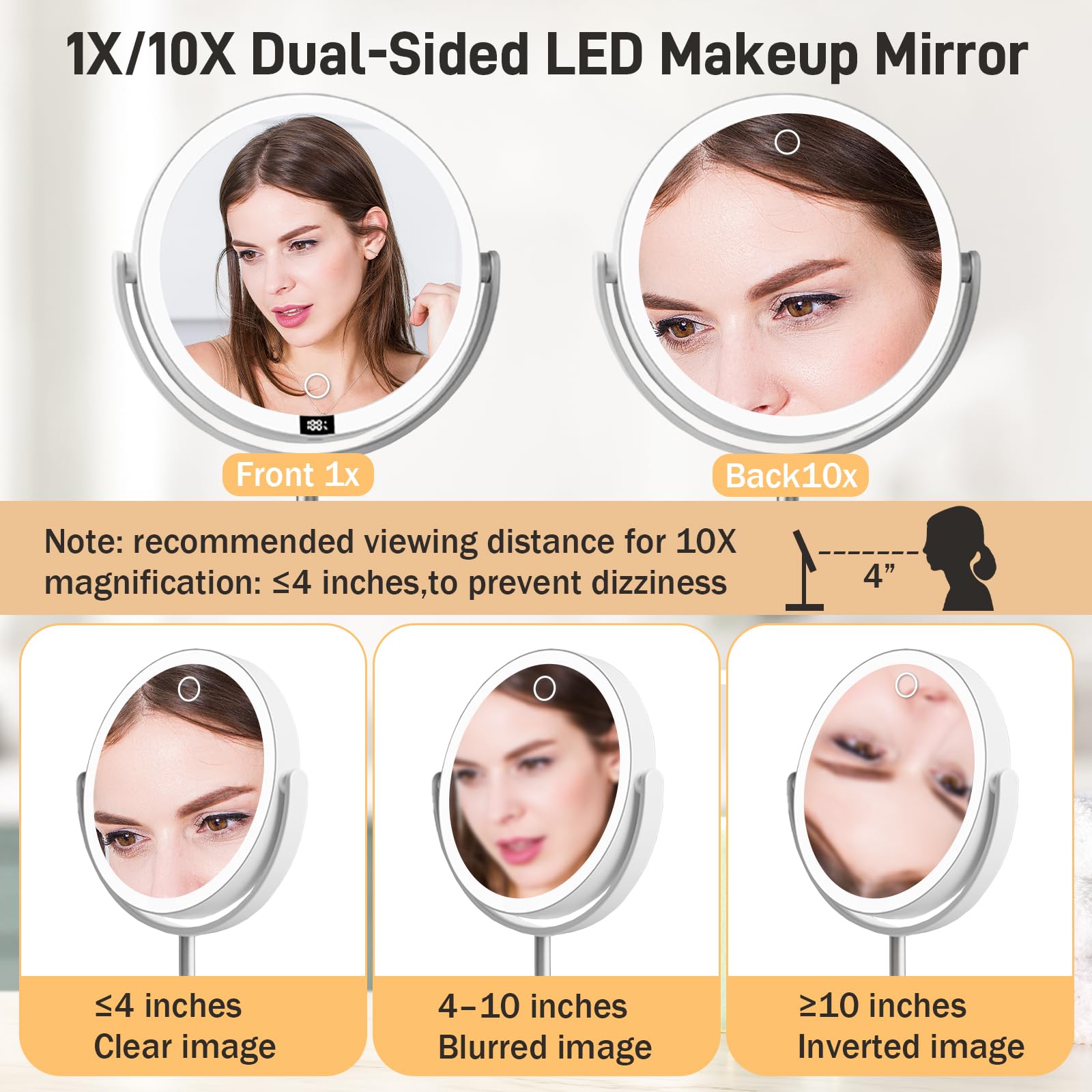 Miroir Grossissant Lumineux 10X/1X,Mirroir Maquilleur Lumineux,Miroir Maquillage LED Rechargeable avec 3 Couleurs éclairage,Rotation 360° pour Maquillage,Soin du Visag