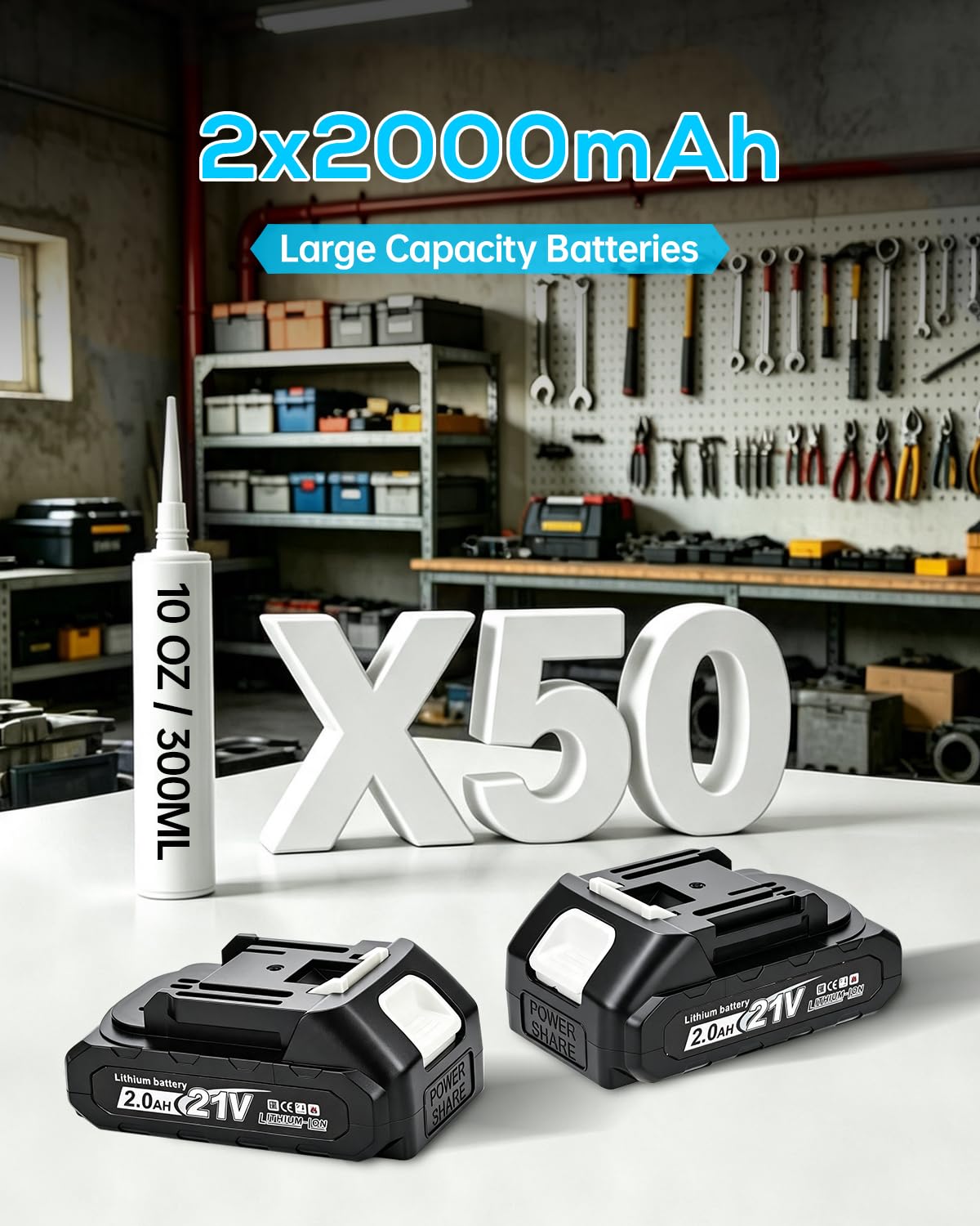 Prensa de cartuchos eléctrica con 2 baterías de 2,0 Ah, 4 velocidades, pistola de silicona para cartuchos de 300 ml, para sellar, espátulas, a prueba de fugas