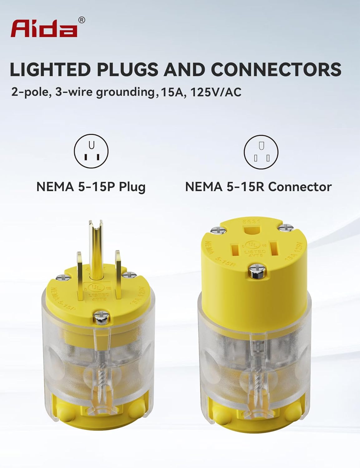 AIDA Lighted Plug and Connector Set, Straight Blade Cord End Replacement, 15 Amp 125Volt, NEMA 5-15P & NEMA 5-15R, 2 Pole 3Wire Grounding, Yellow, 5 Set